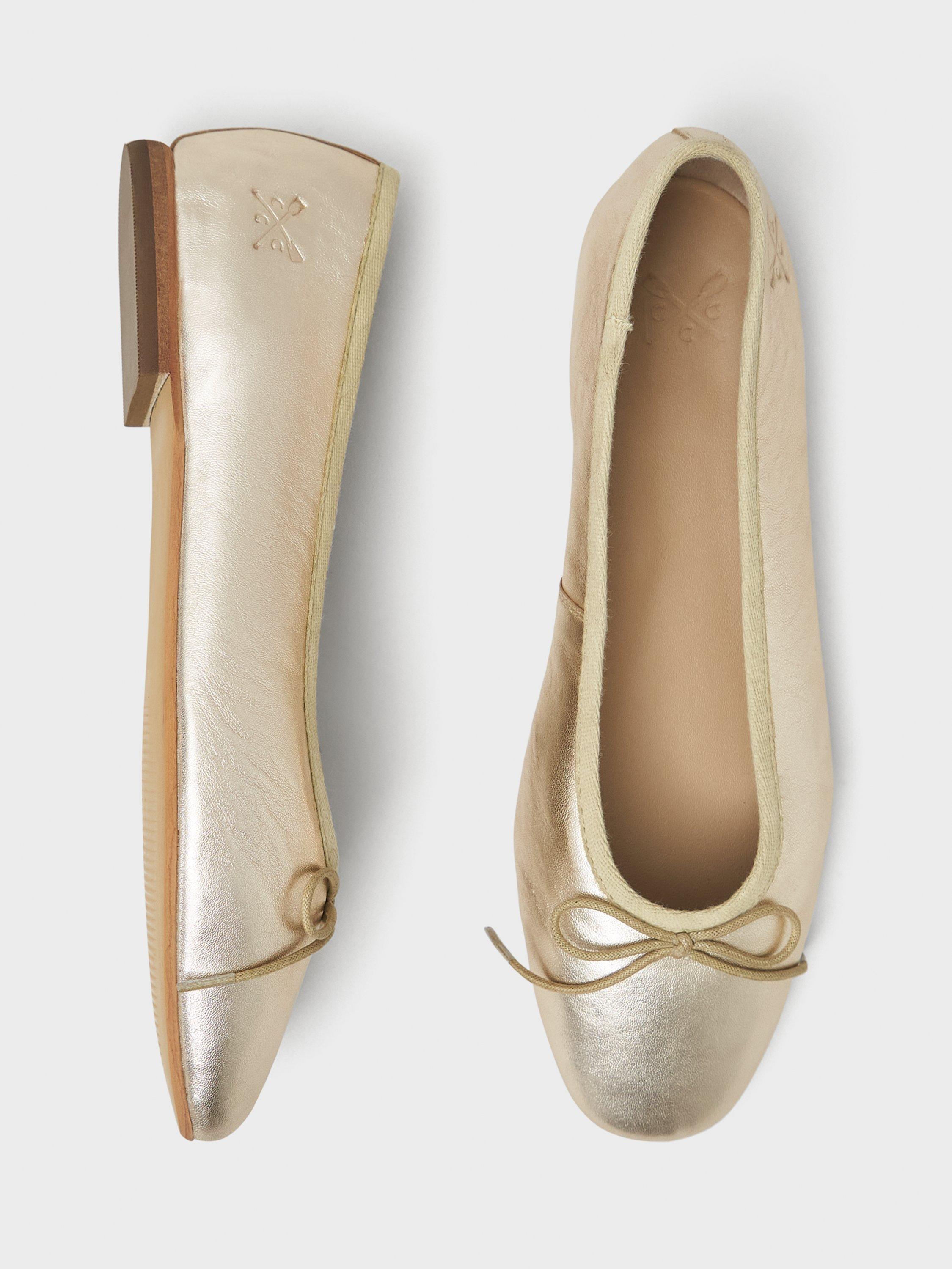 Product image 3 of 11, which shows Crew Clothing Leather Flat Heel Round Closed Toe Pumps, Gold, 3