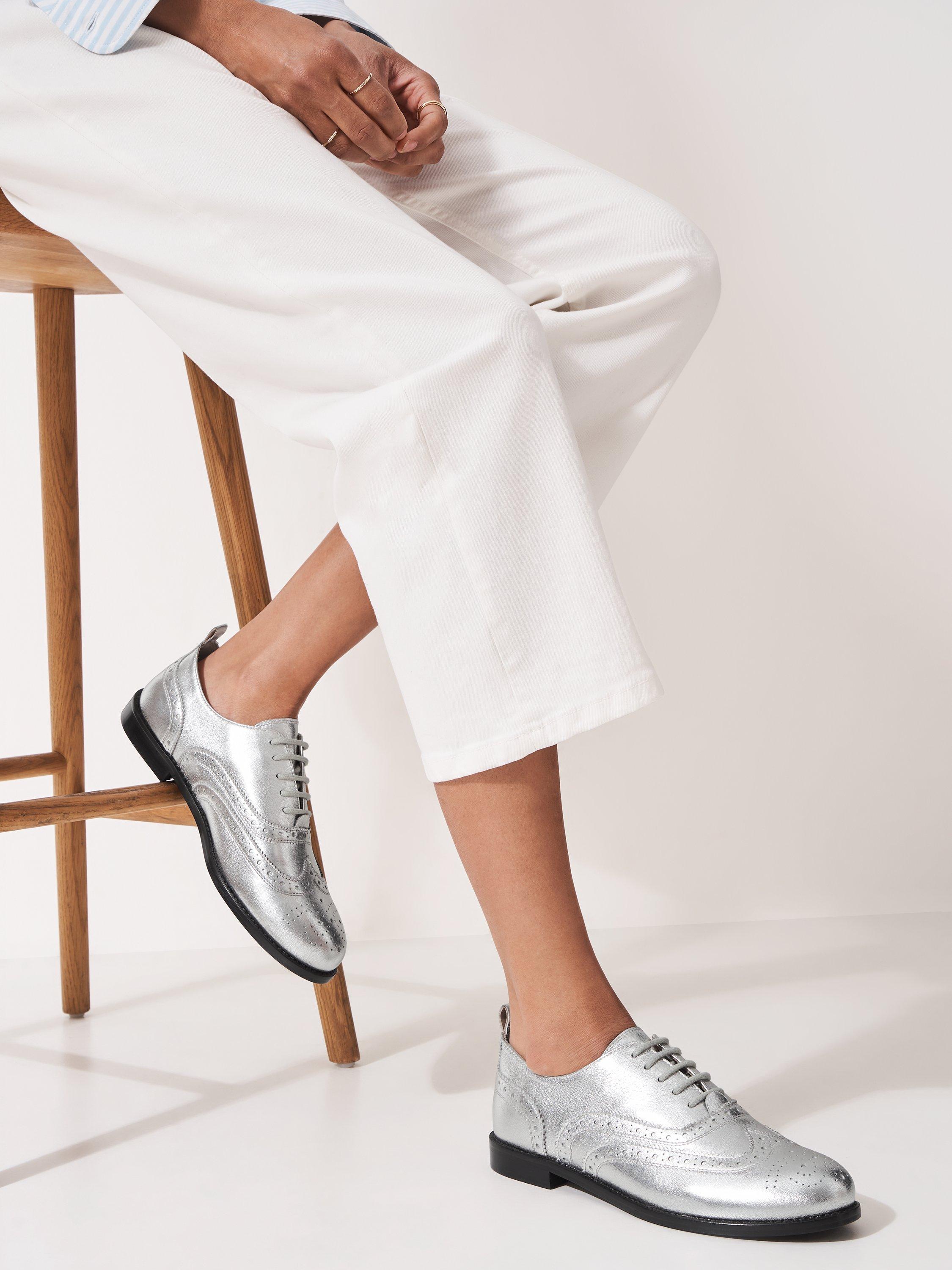 Product image 2 of 4, which shows Crew Clothing Leather Flat Heel Round Toe Brogues , Silver, 8