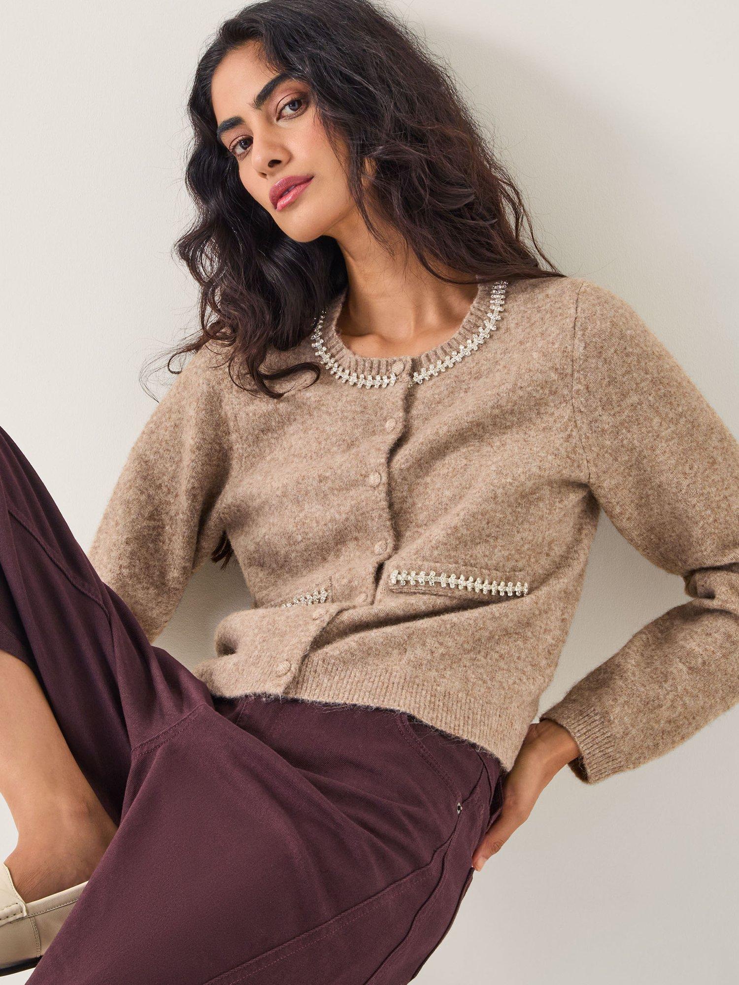 Product image 1 of 5, which shows Monsoon Evie Contrast Stitch Cardigan, Mink, S