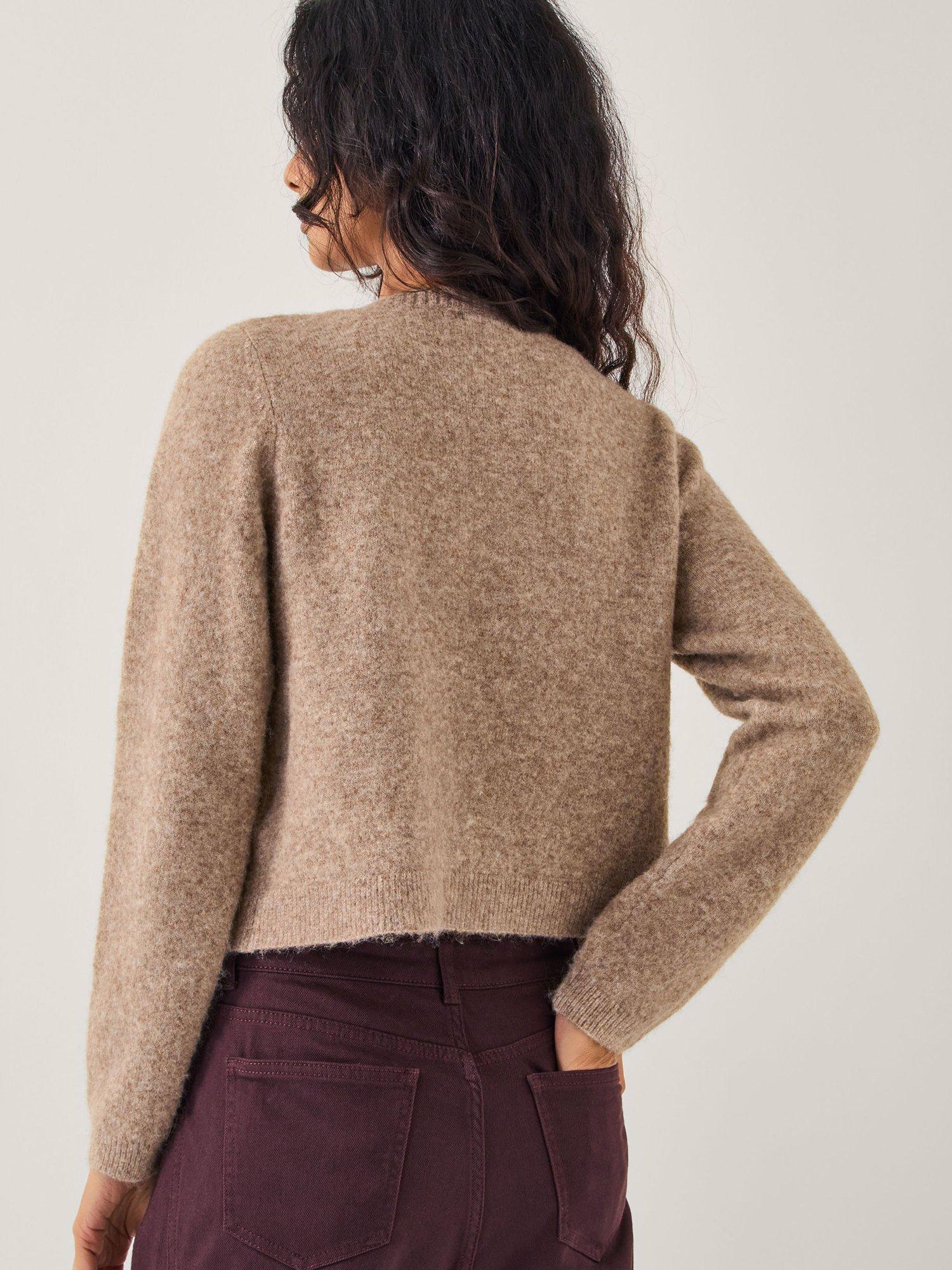 Product image 2 of 5, which shows Monsoon Evie Contrast Stitch Cardigan, Mink, S