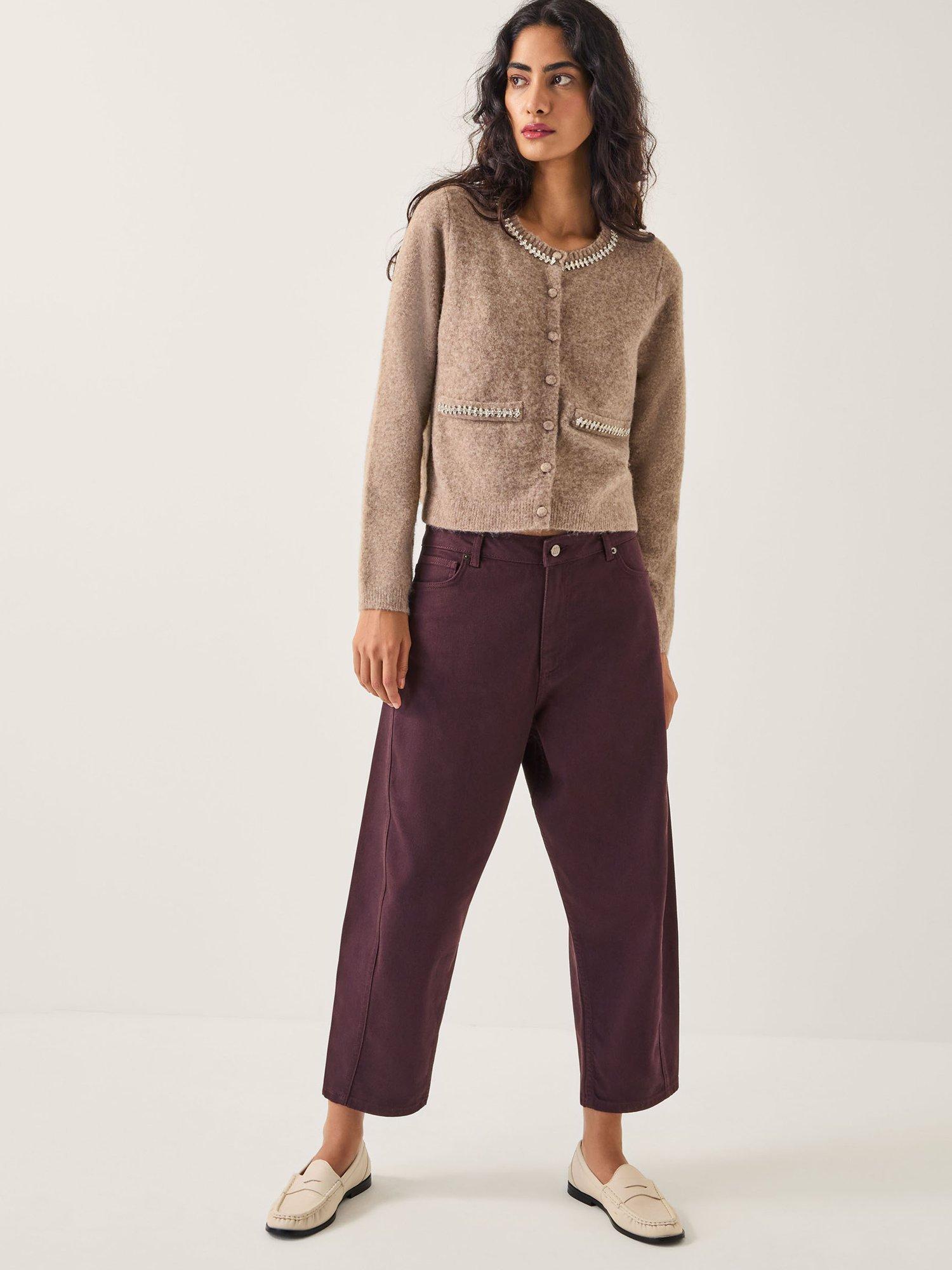 Product image 3 of 5, which shows Monsoon Evie Contrast Stitch Cardigan, Mink, S