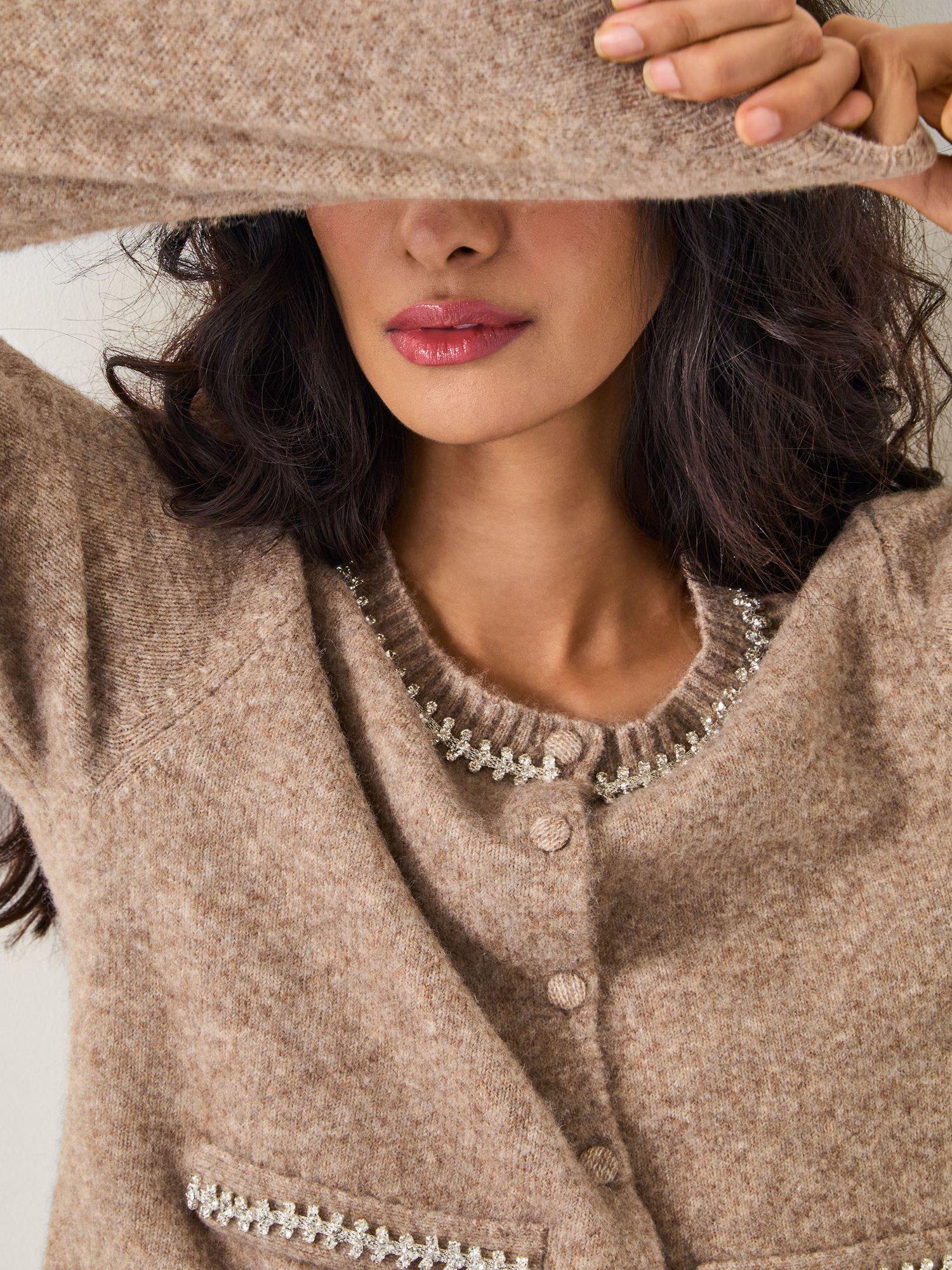 Product image 4 of 5, which shows Monsoon Evie Contrast Stitch Cardigan, Mink, S