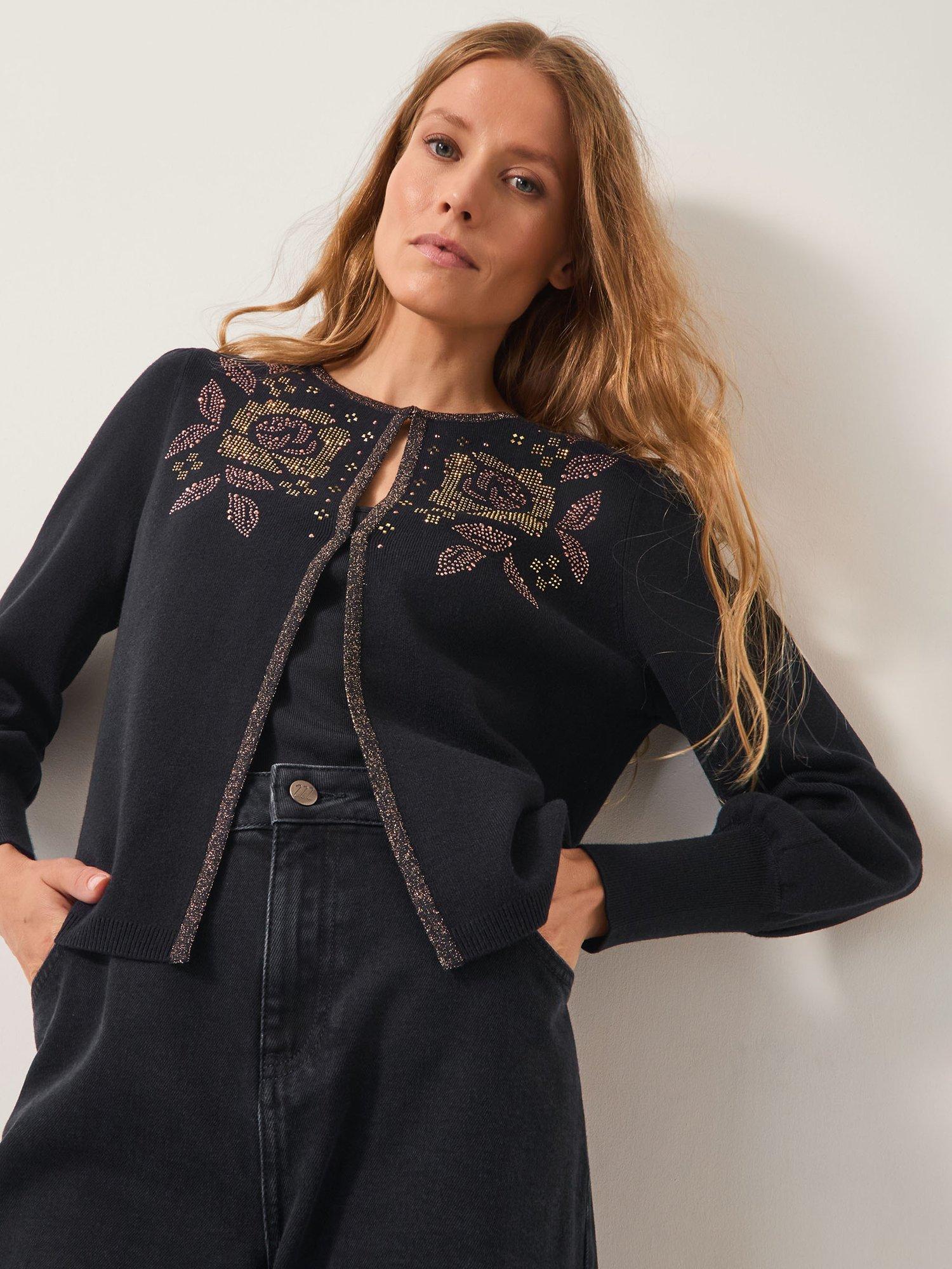 Product image 1 of 5, which shows Monsoon Hal Floral Cardigan, Black, S