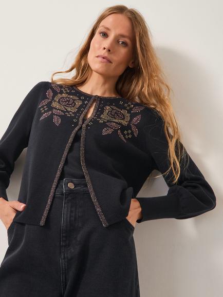 Monsoon Hal Floral Cardigan, Black, Black