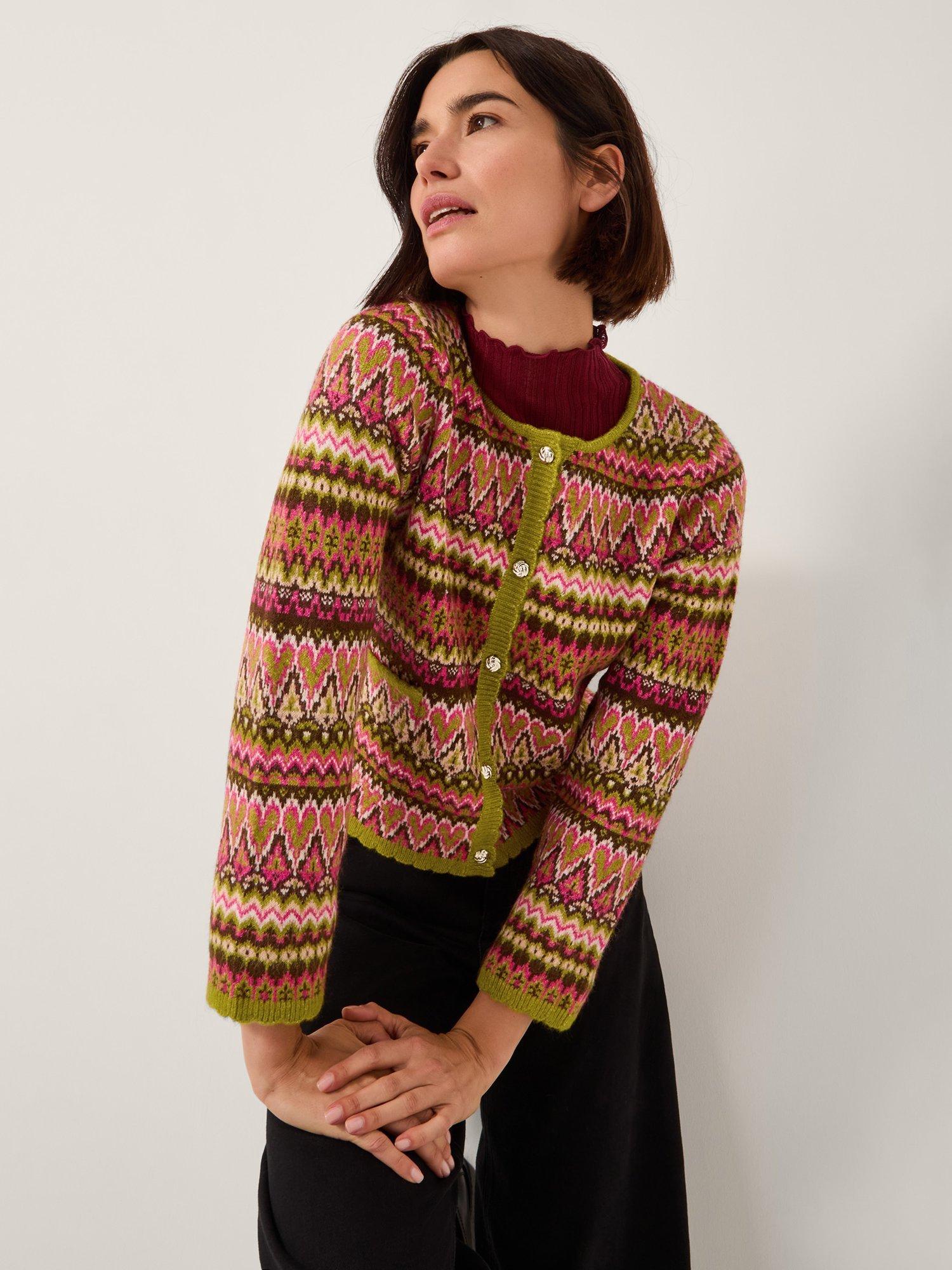 Product image 1 of 5, which shows Monsoon Fiona Fair Isle Cardigan, Pink/Multi, L