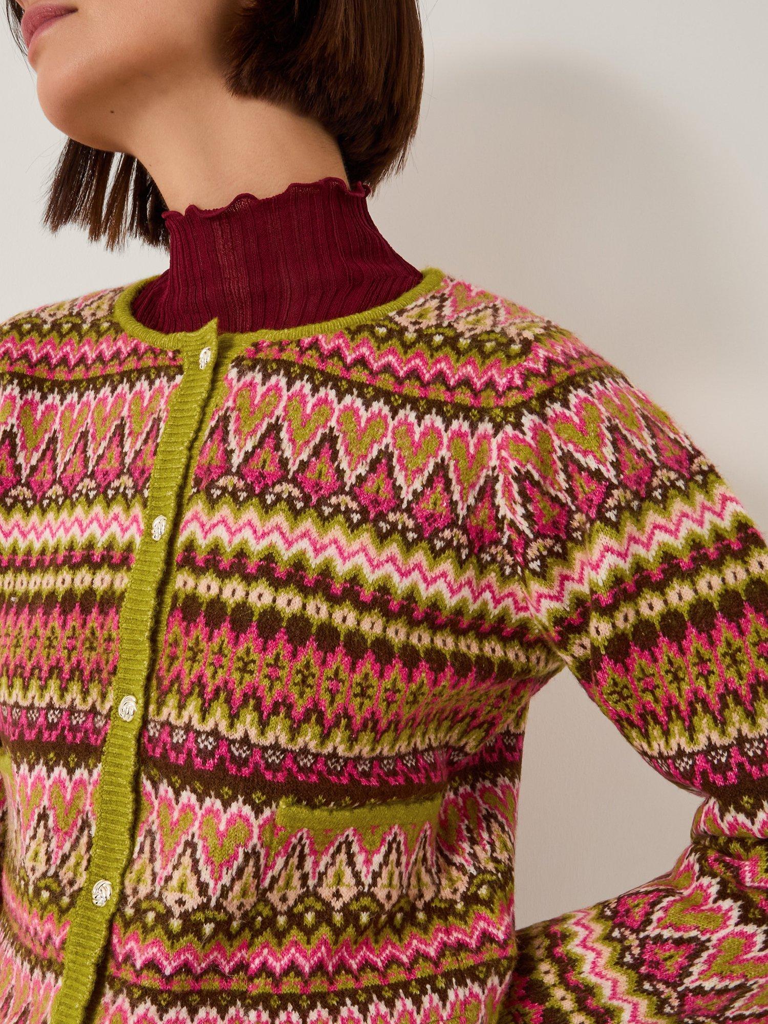 Product image 4 of 5, which shows Monsoon Fiona Fair Isle Cardigan, Pink/Multi, L