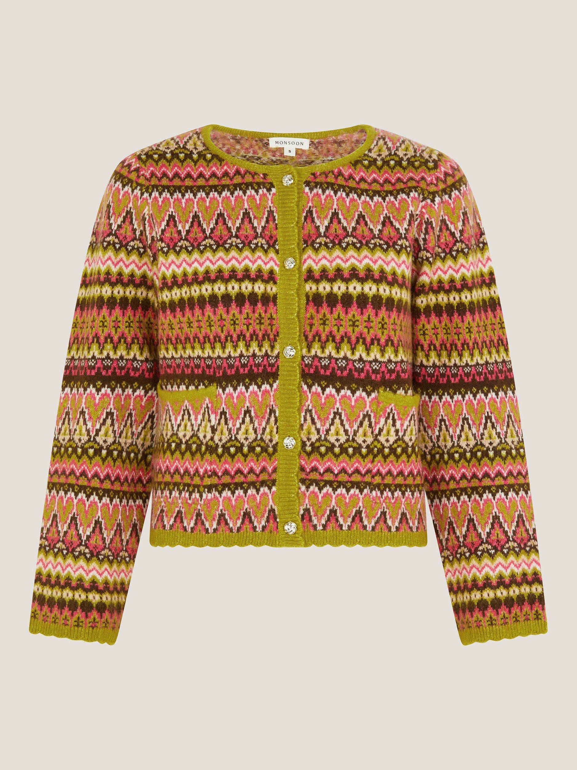 Product image 5 of 5, which shows Monsoon Fiona Fair Isle Cardigan, Pink/Multi, L