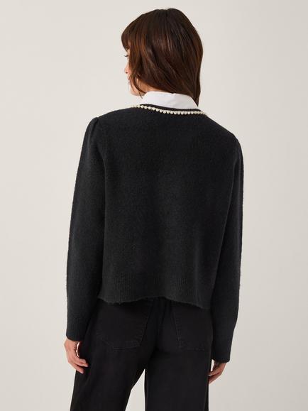 Monsoon Pia Pearl Embellished Cardigan, Navy - view 2, Navy