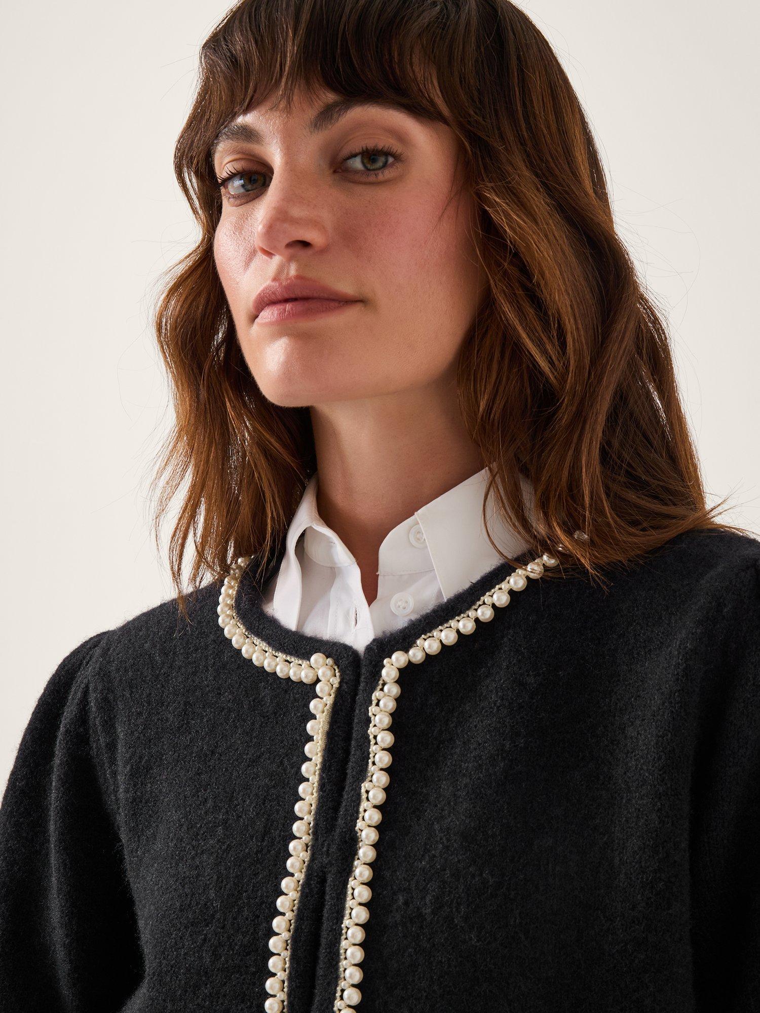 Product image 4 of 5, which shows Monsoon Pia Pearl Embellished Cardigan, Navy, S