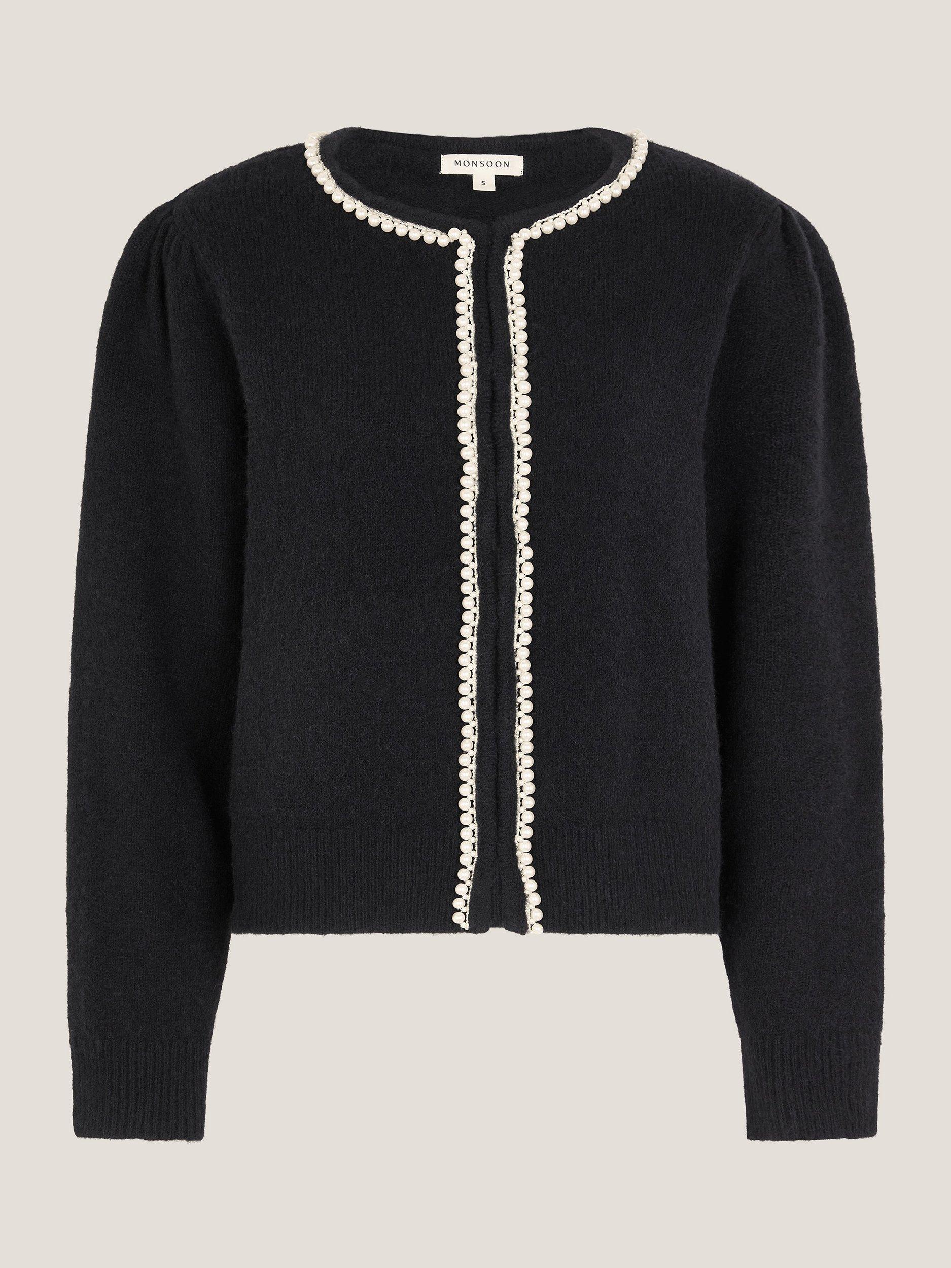 Product image 5 of 5, which shows Monsoon Pia Pearl Embellished Cardigan, Navy, S