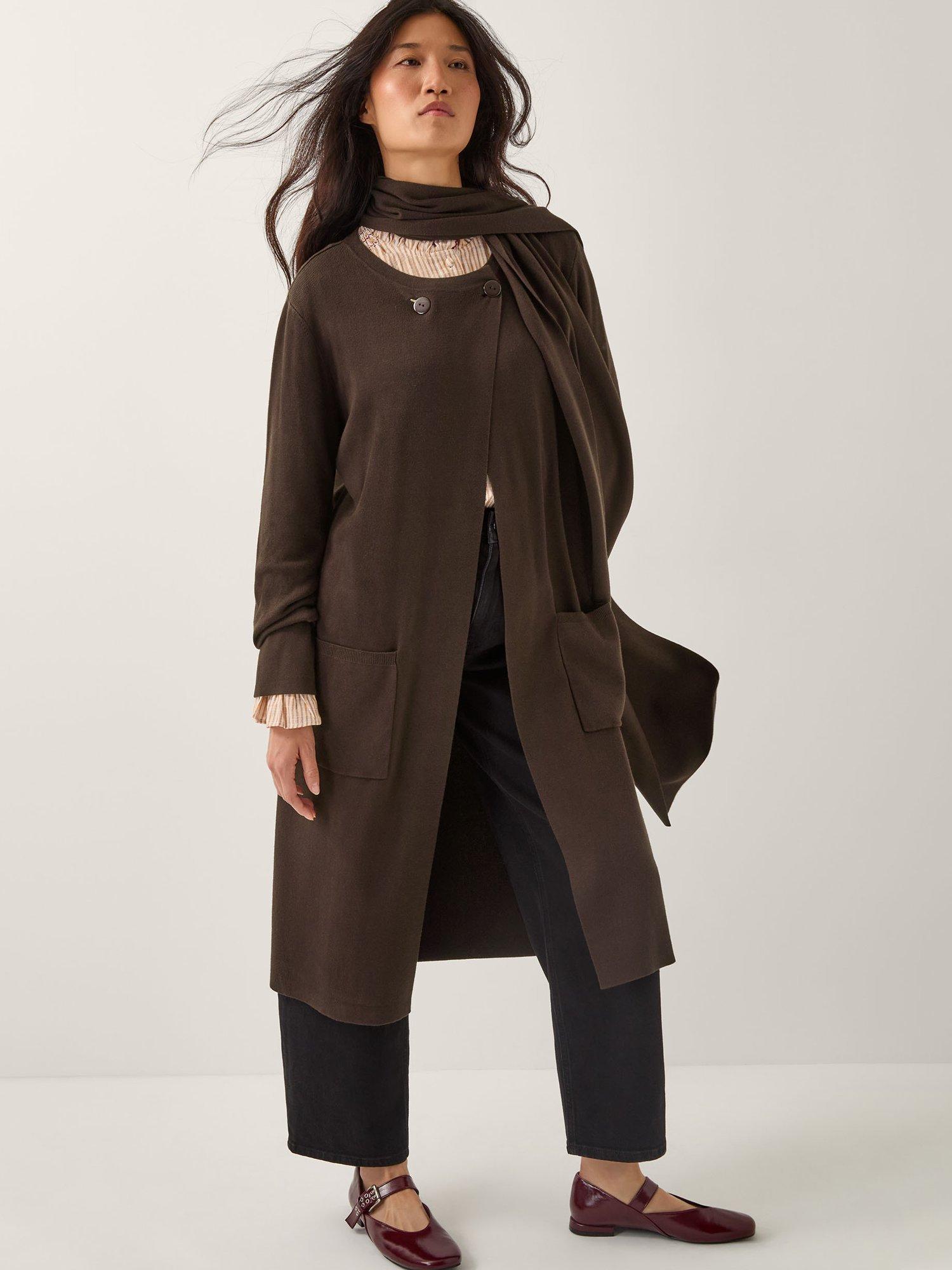 Product image 1 of 4, which shows Monsoon Santi Cardigan & Scarf Set, Chocolate, M