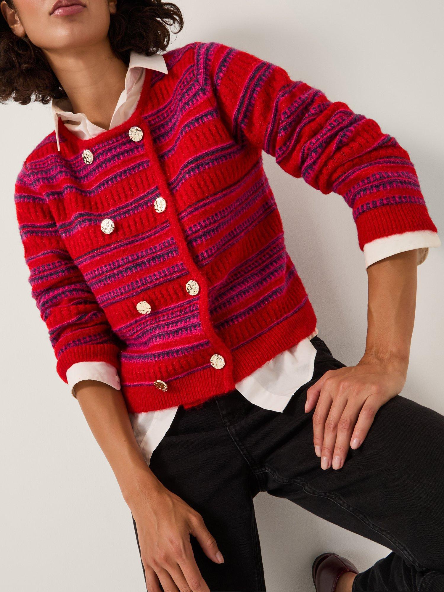Product image 1 of 5, which shows Monsoon Starla Stripe Double Breasted Cardigan, Red, L