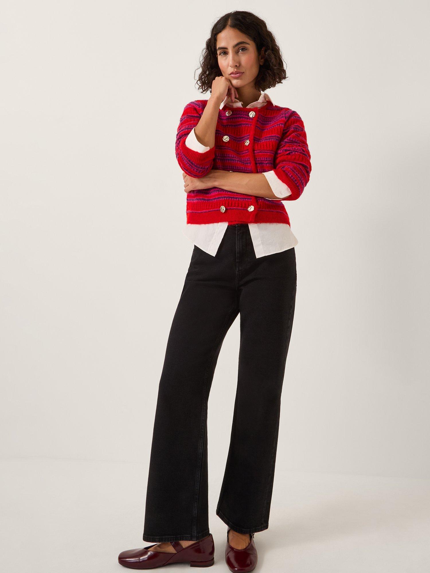 Product image 3 of 5, which shows Monsoon Starla Stripe Double Breasted Cardigan, Red, L