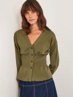 Monsoon Suzy Fitted Ribbed Waist Cardigan, Green
