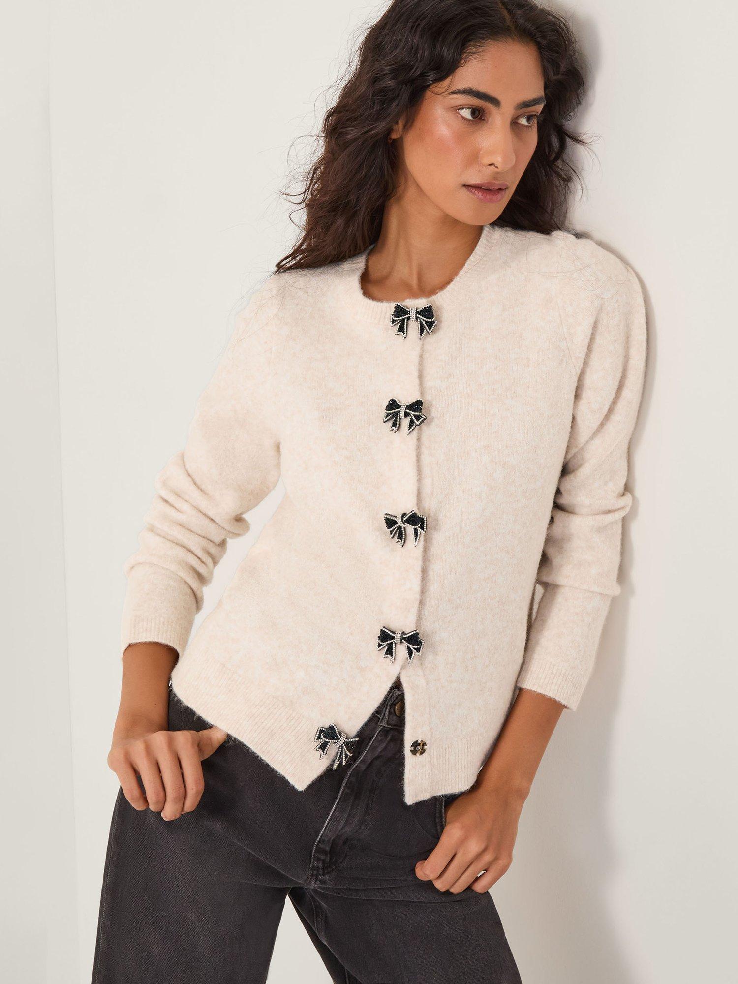 Product image 1 of 5, which shows Monsoon Bee Bow Cardigan, Ivory, XXL