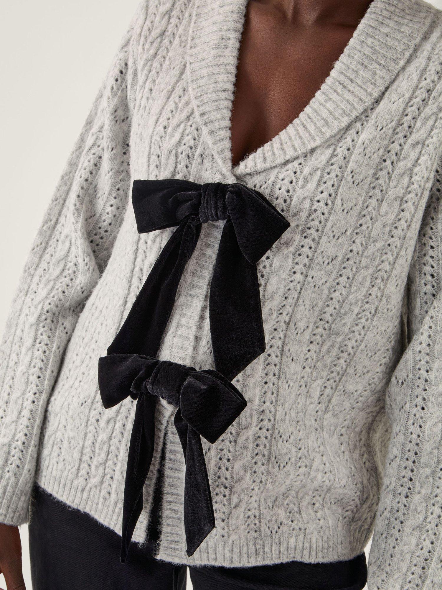Product image 4 of 4, which shows Monsoon Bria Bow V-Neck Cardigan, Grey, M
