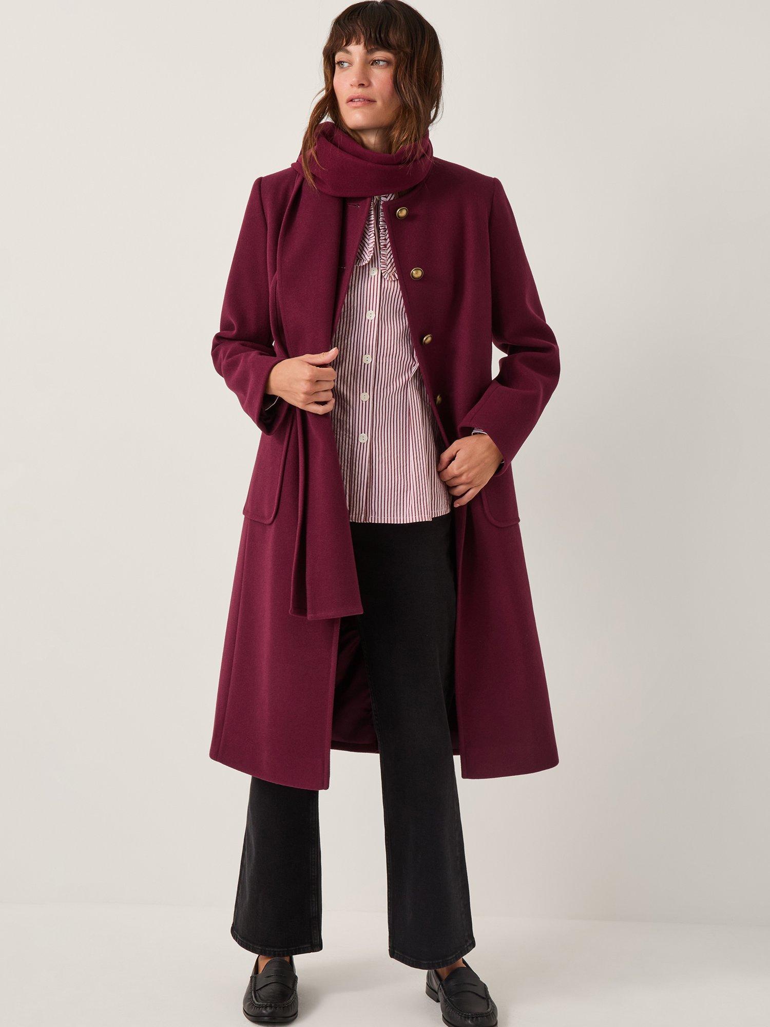 Product image 1 of 5, which shows Monsoon Alicia Longline Shawl Neckline Coat, Burgundy, 8