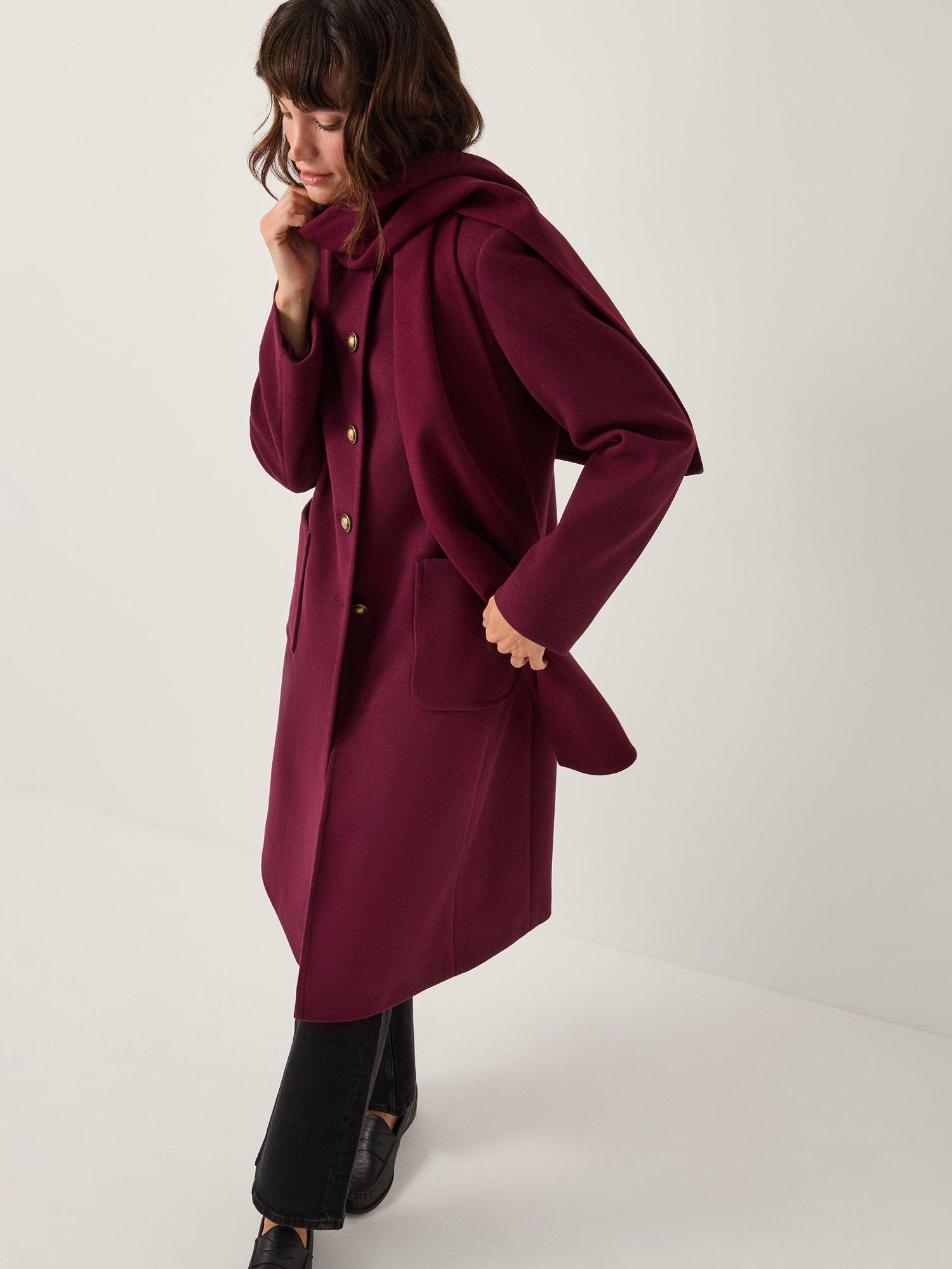 Product image 3 of 5, which shows Monsoon Alicia Longline Shawl Neckline Coat, Burgundy, 8