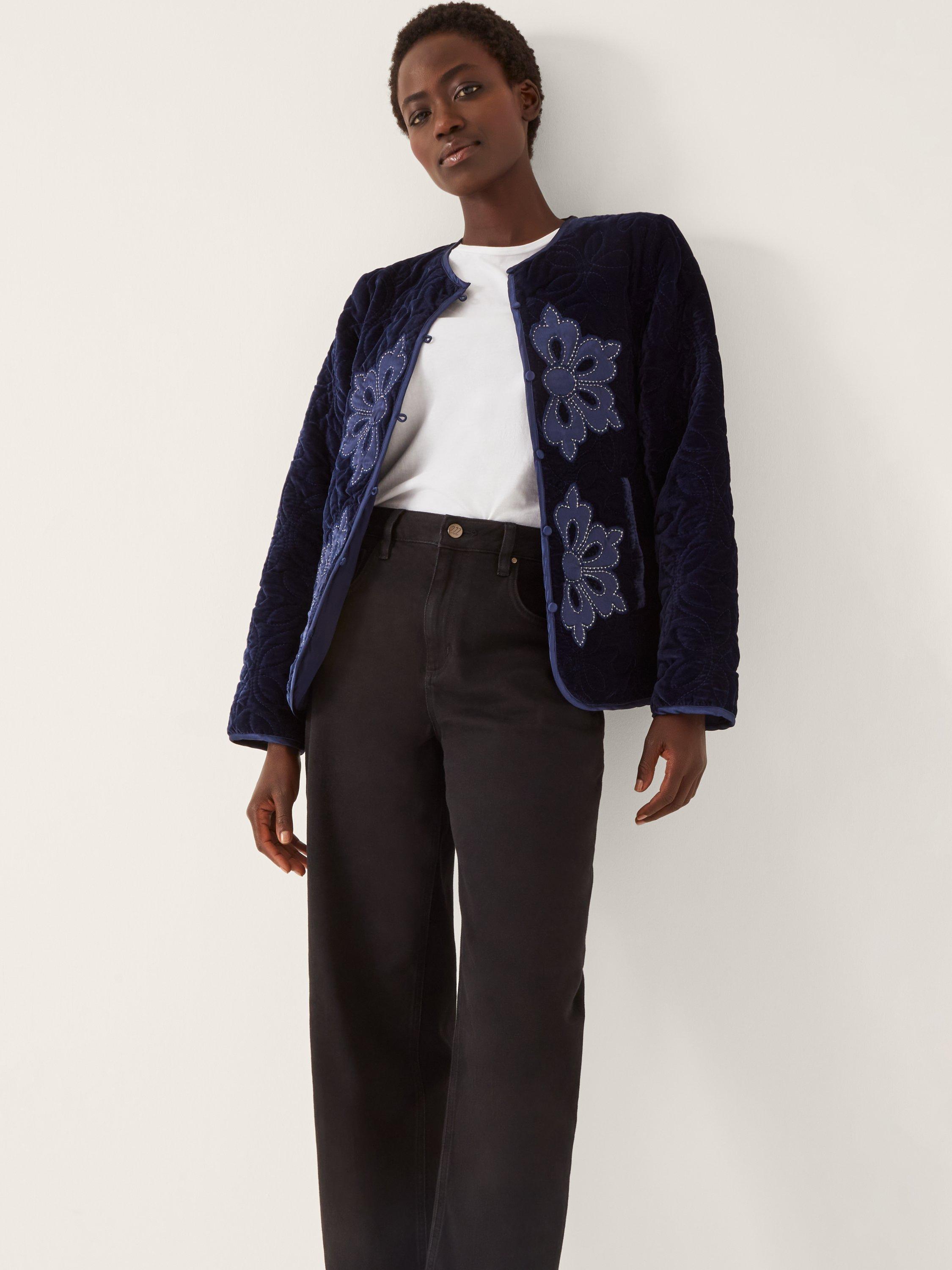 Product image 1 of 4, which shows Monsoon Delilah Floral Round Neck Quilted Jacket, Navy, S