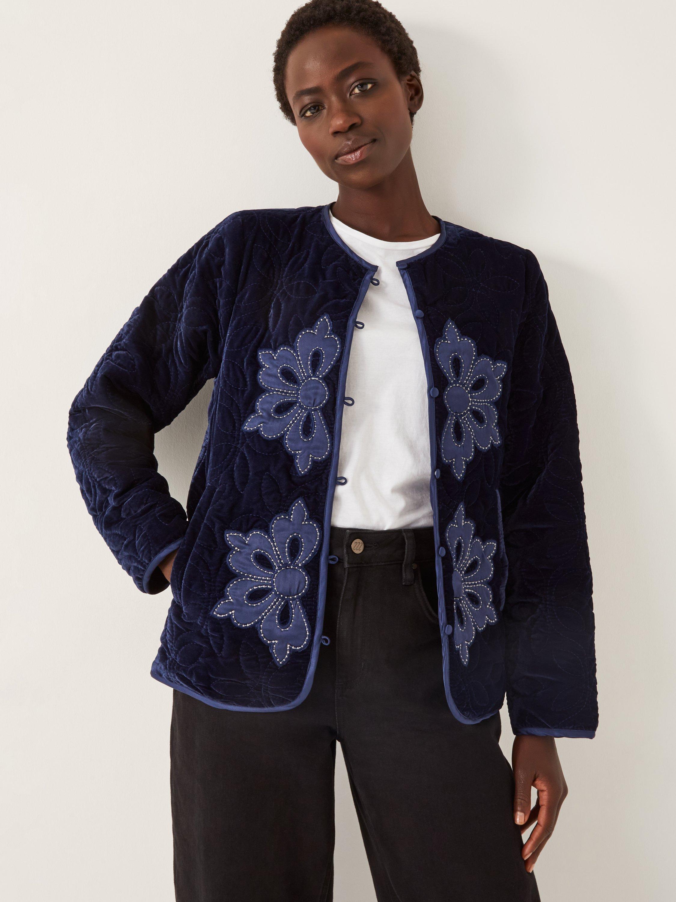 Product image 2 of 4, which shows Monsoon Delilah Floral Round Neck Quilted Jacket, Navy, S