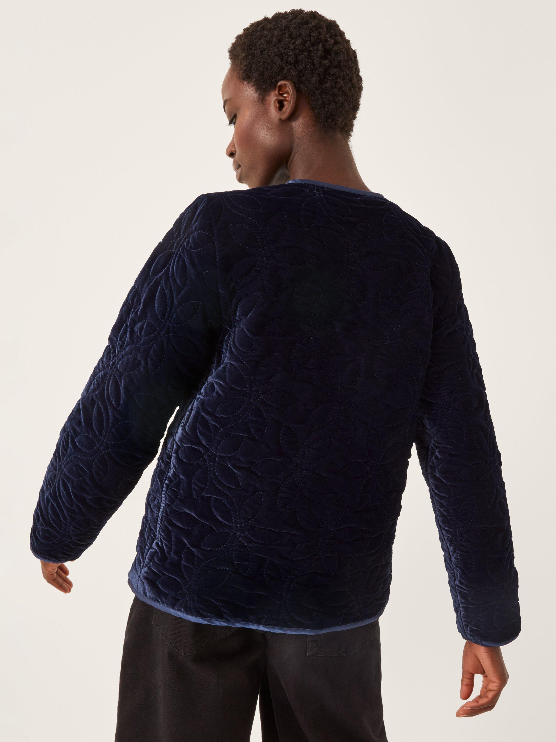 Product image 3 of 4, which shows Monsoon Delilah Floral Round Neck Quilted Jacket, Navy, S