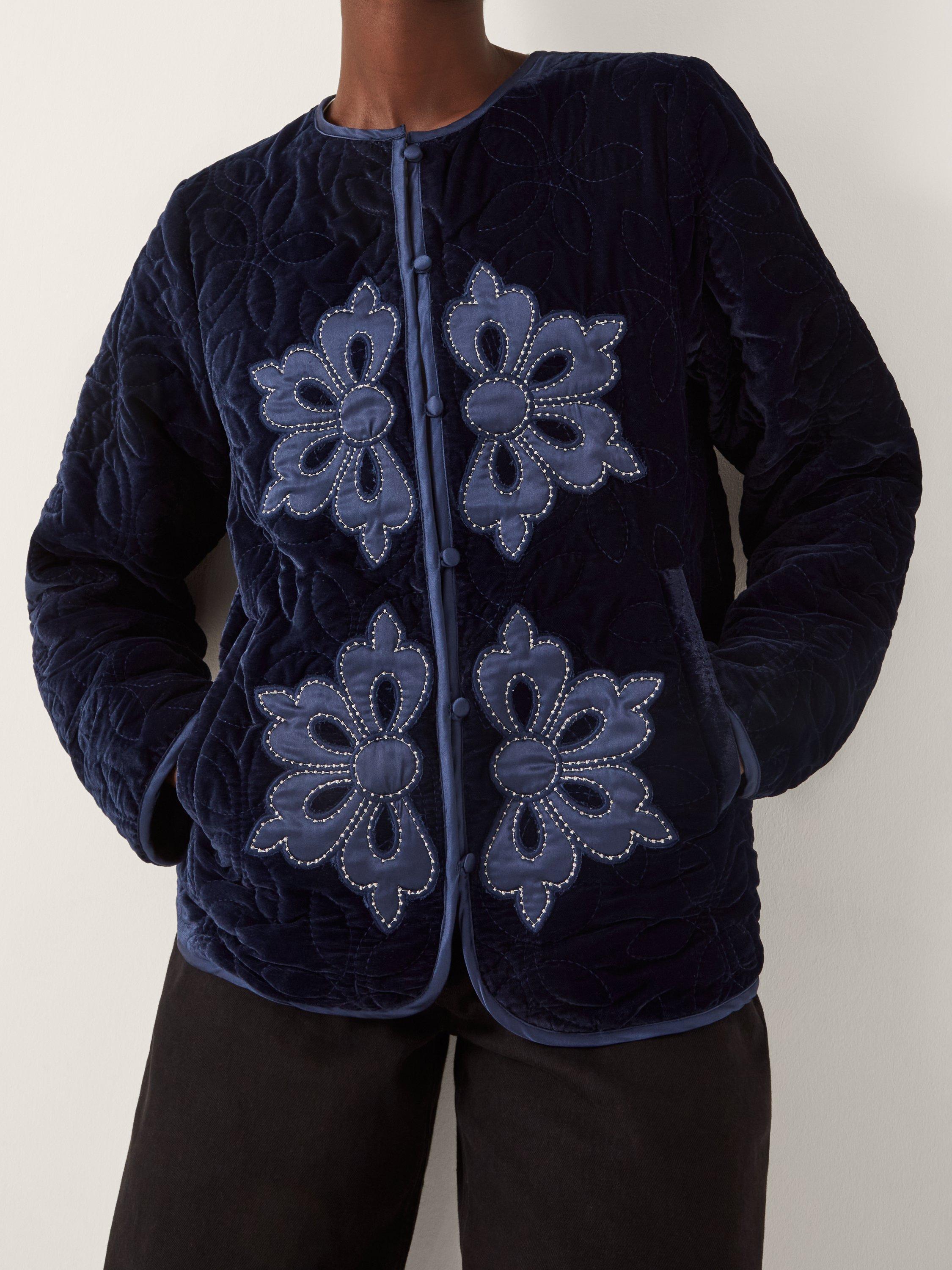 Product image 4 of 4, which shows Monsoon Delilah Floral Round Neck Quilted Jacket, Navy, S
