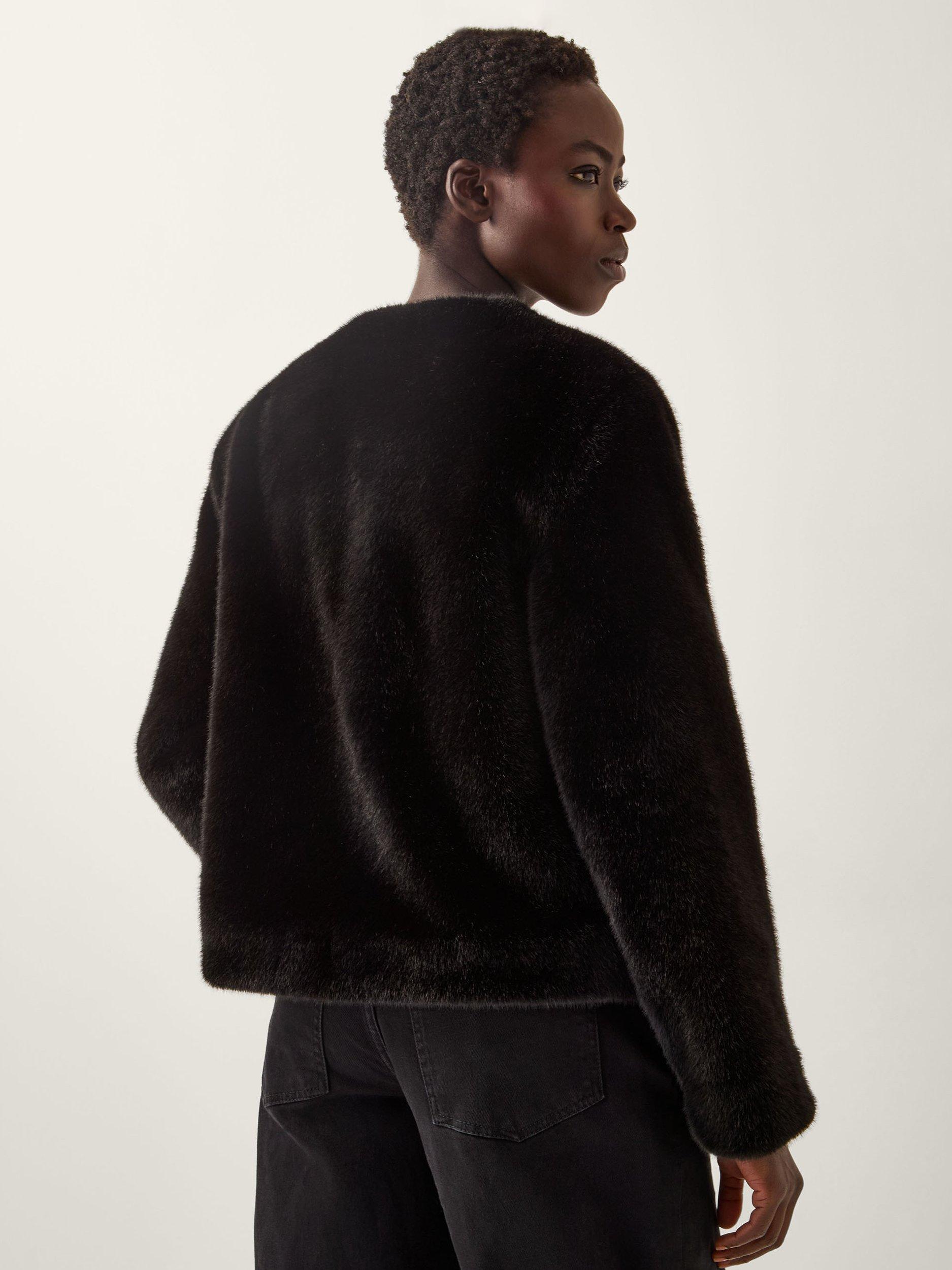 Product image 2 of 4, which shows Monsoon Farah Bow Faux Fur Jacket, Black, S