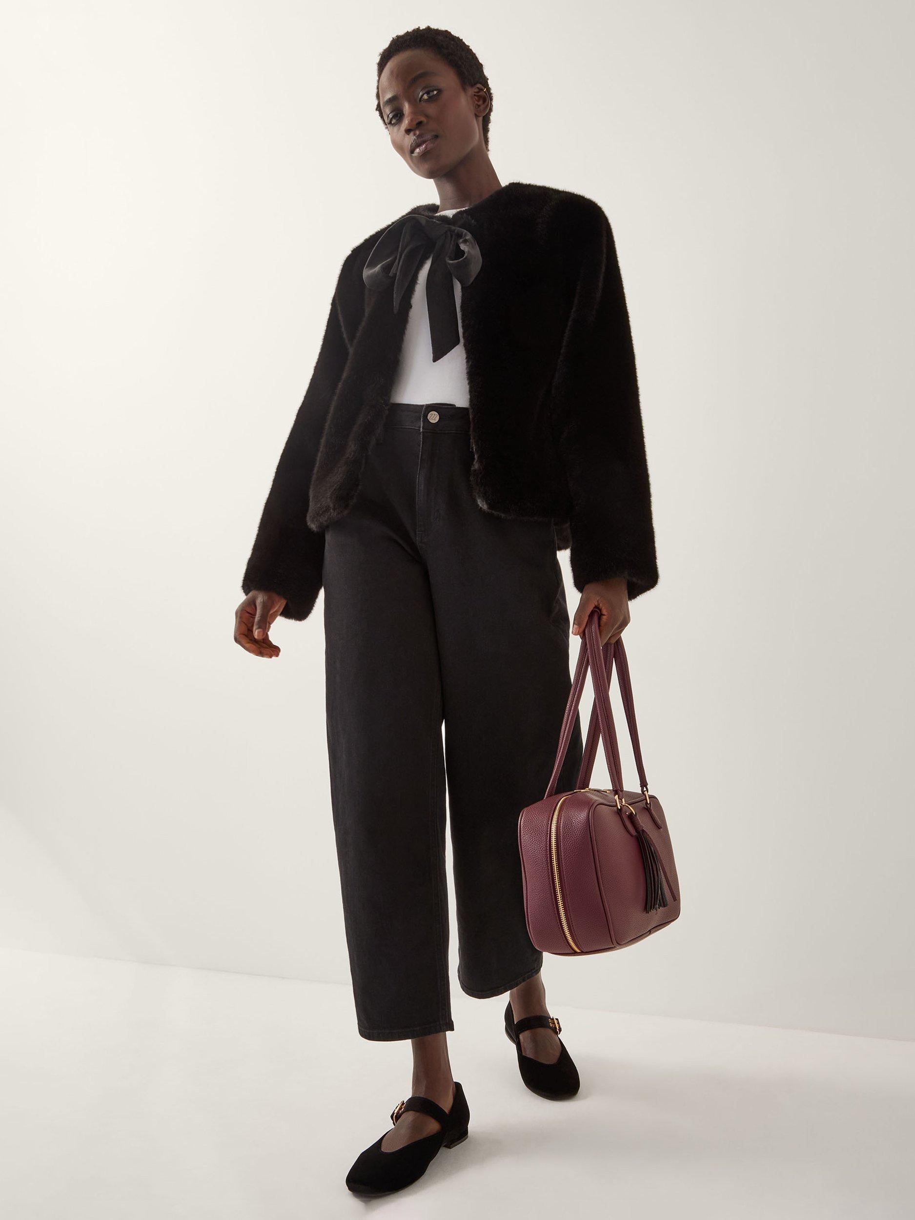 Product image 3 of 4, which shows Monsoon Farah Bow Faux Fur Jacket, Black, S