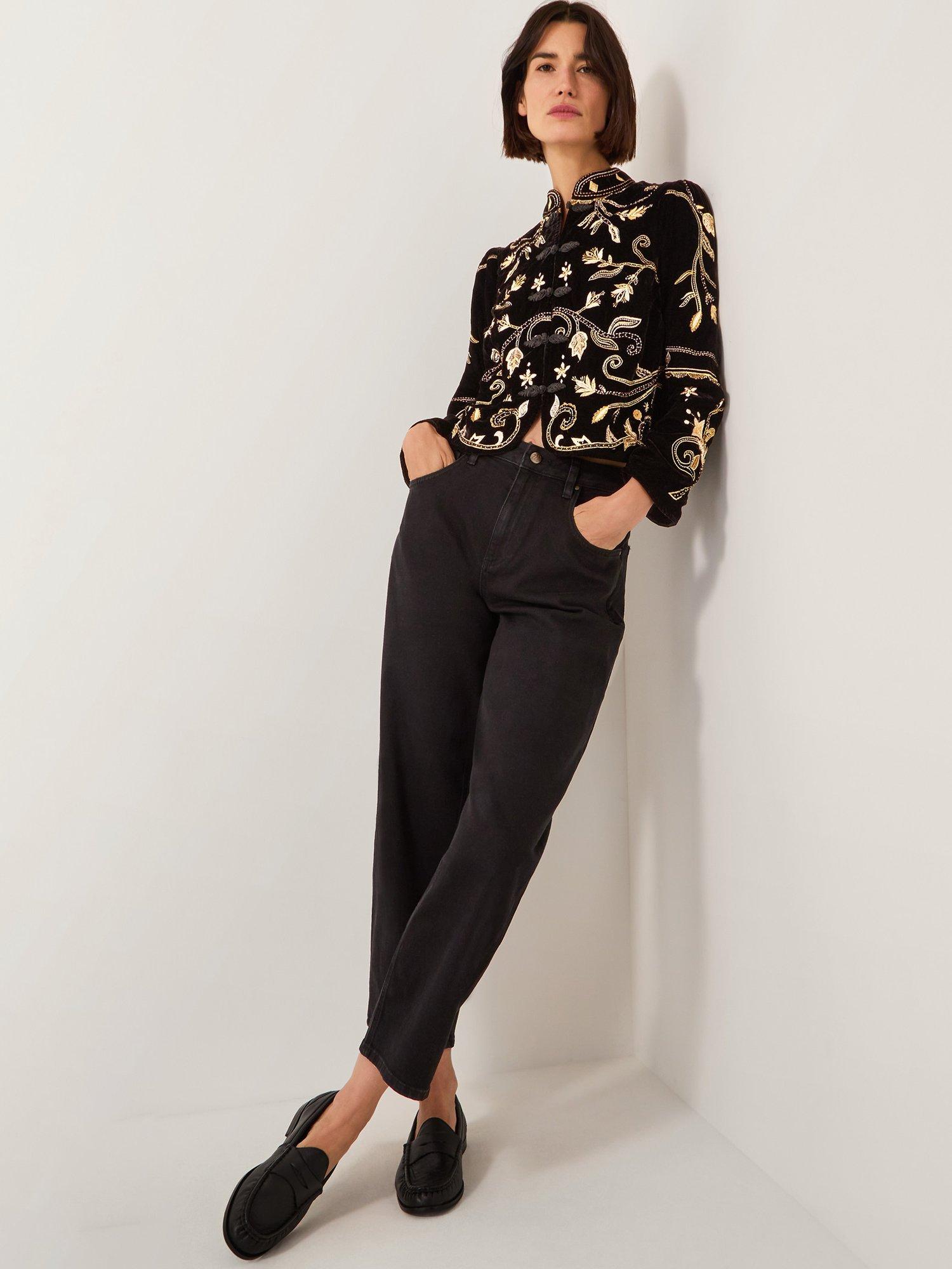 Product image 1 of 5, which shows Monsoon Farah Embroidered Velvet Jacket, Black, 10