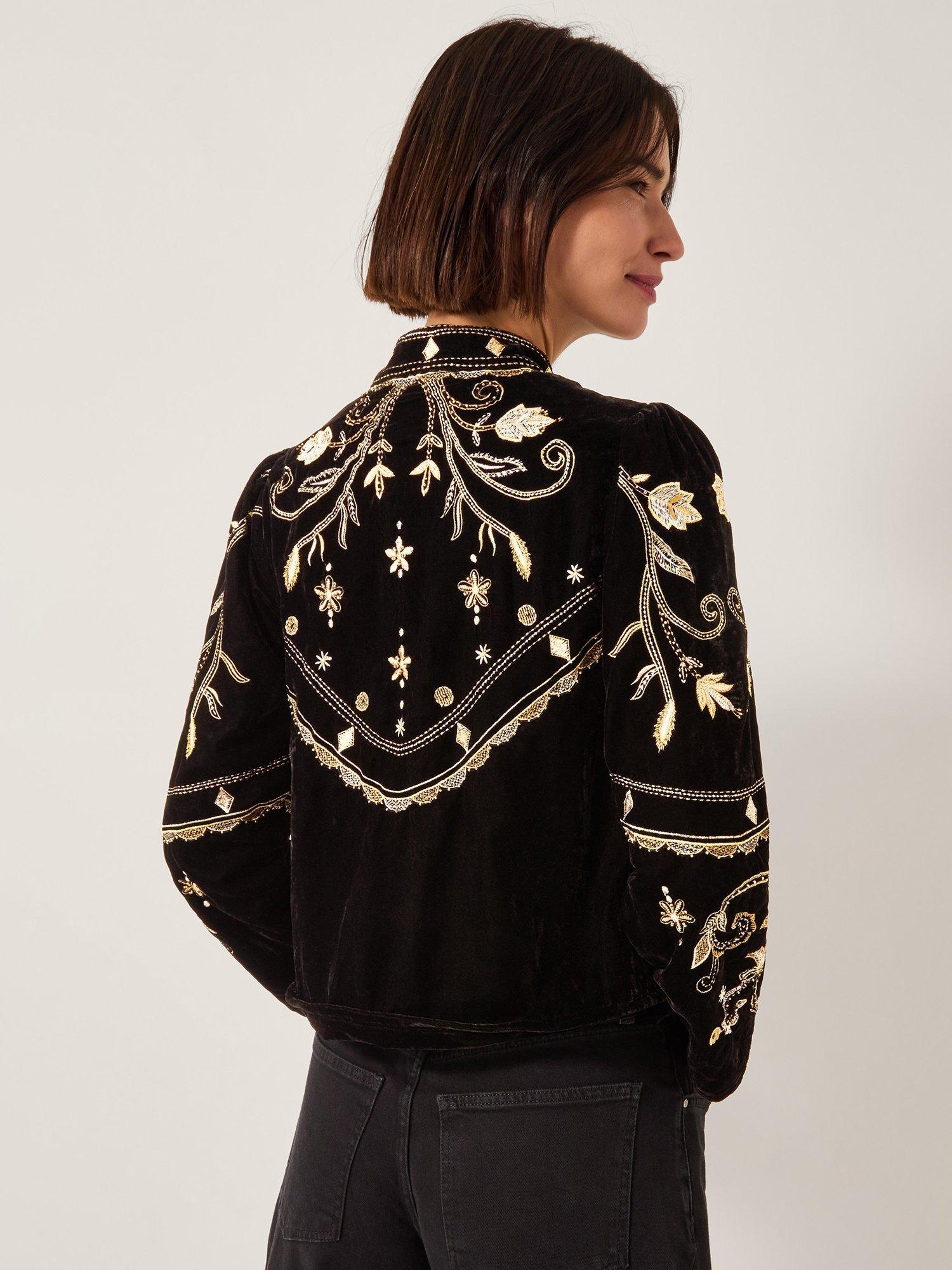 Product image 2 of 5, which shows Monsoon Farah Embroidered Velvet Jacket, Black, 10
