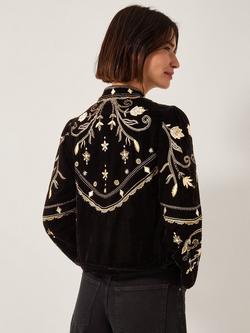 Monsoon Farah Embroidered Velvet Jacket, Black - view 2, Black