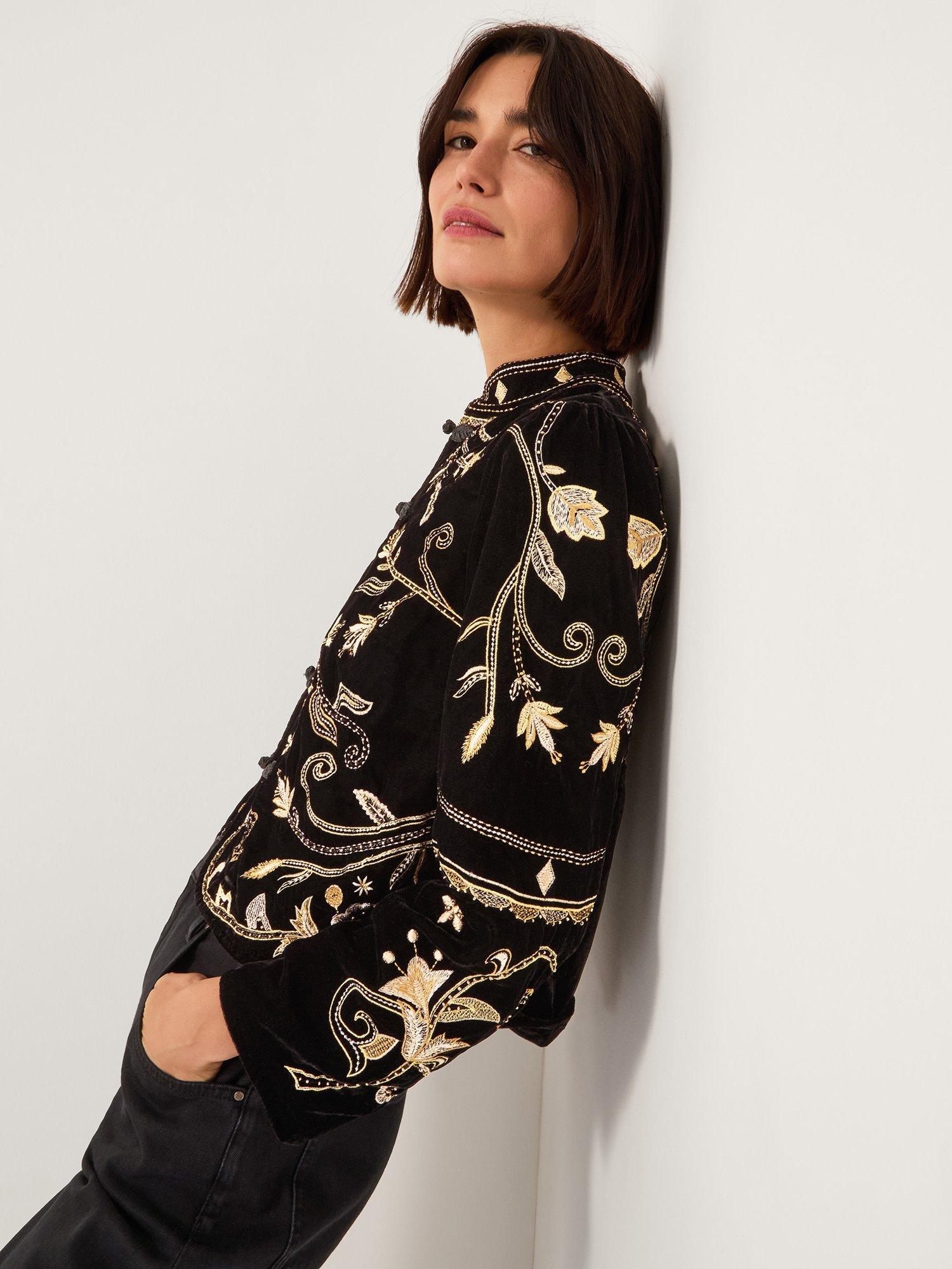 Product image 3 of 5, which shows Monsoon Farah Embroidered Velvet Jacket, Black, 10