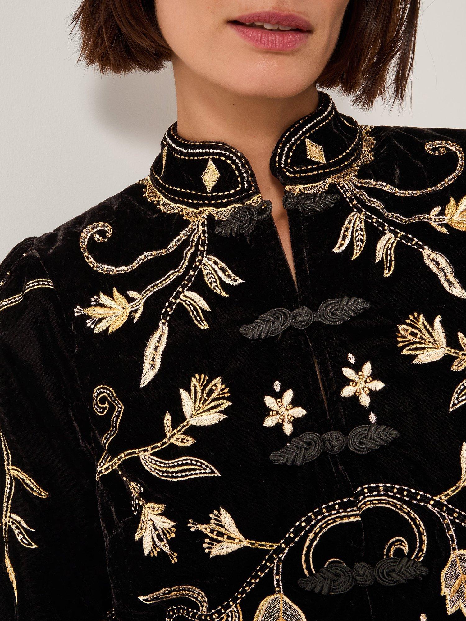 Product image 4 of 5, which shows Monsoon Farah Embroidered Velvet Jacket, Black, 10