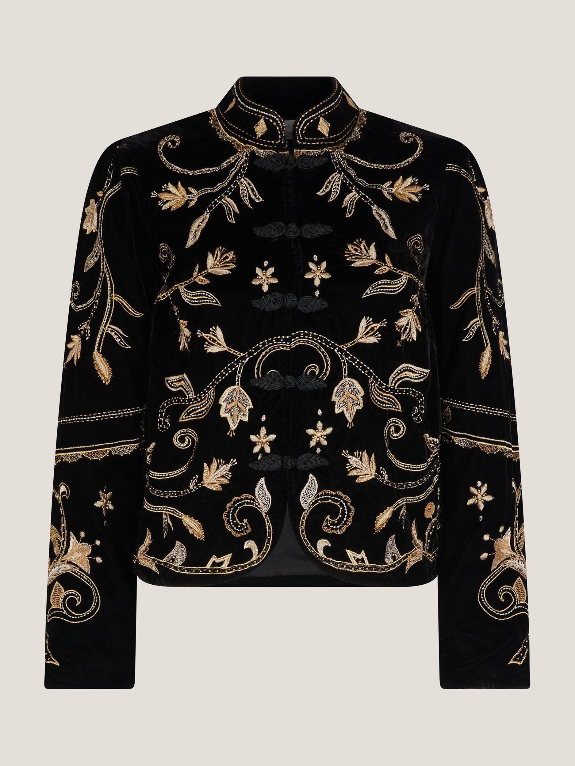 Product image 5 of 5, which shows Monsoon Farah Embroidered Velvet Jacket, Black, 10