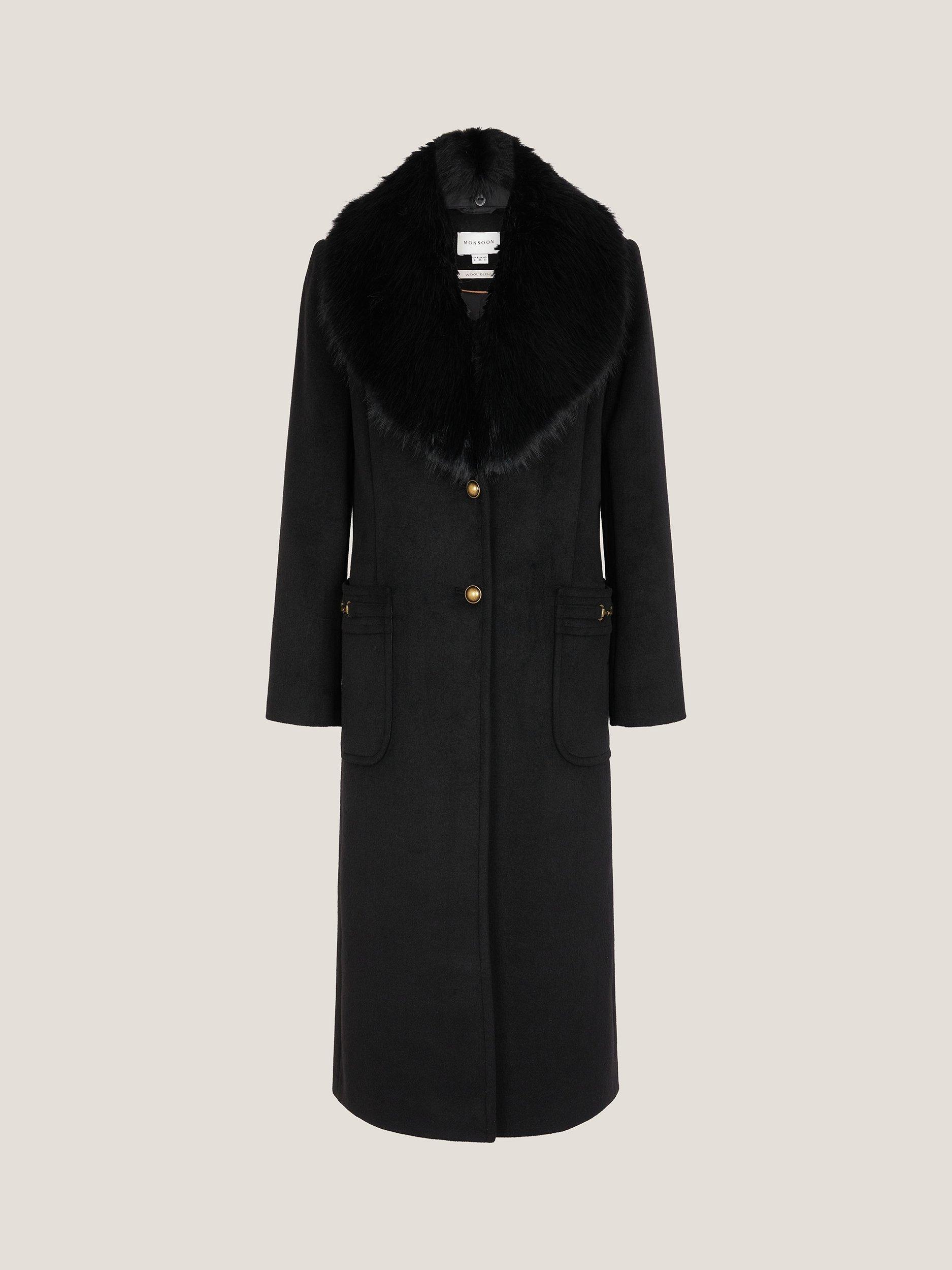 Monsoon Fearne Faux Fur Collar Coat, Black