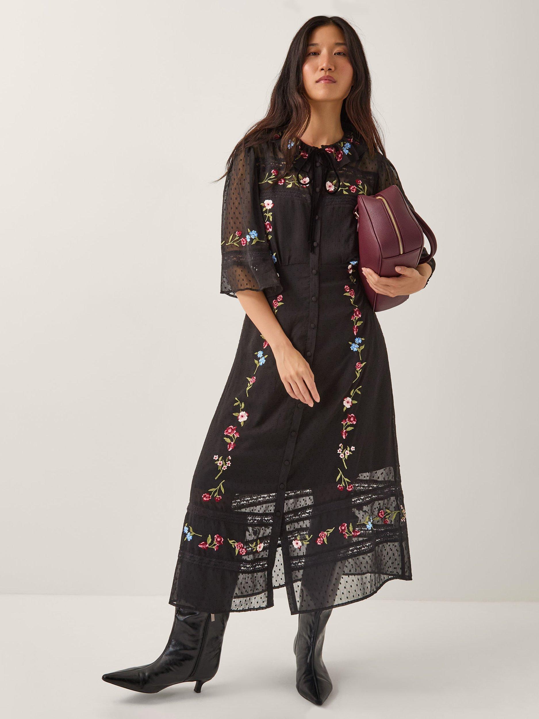 Product image 1 of 5, which shows Monsoon Alyssa Floral Print Midi Dress, Black, 8