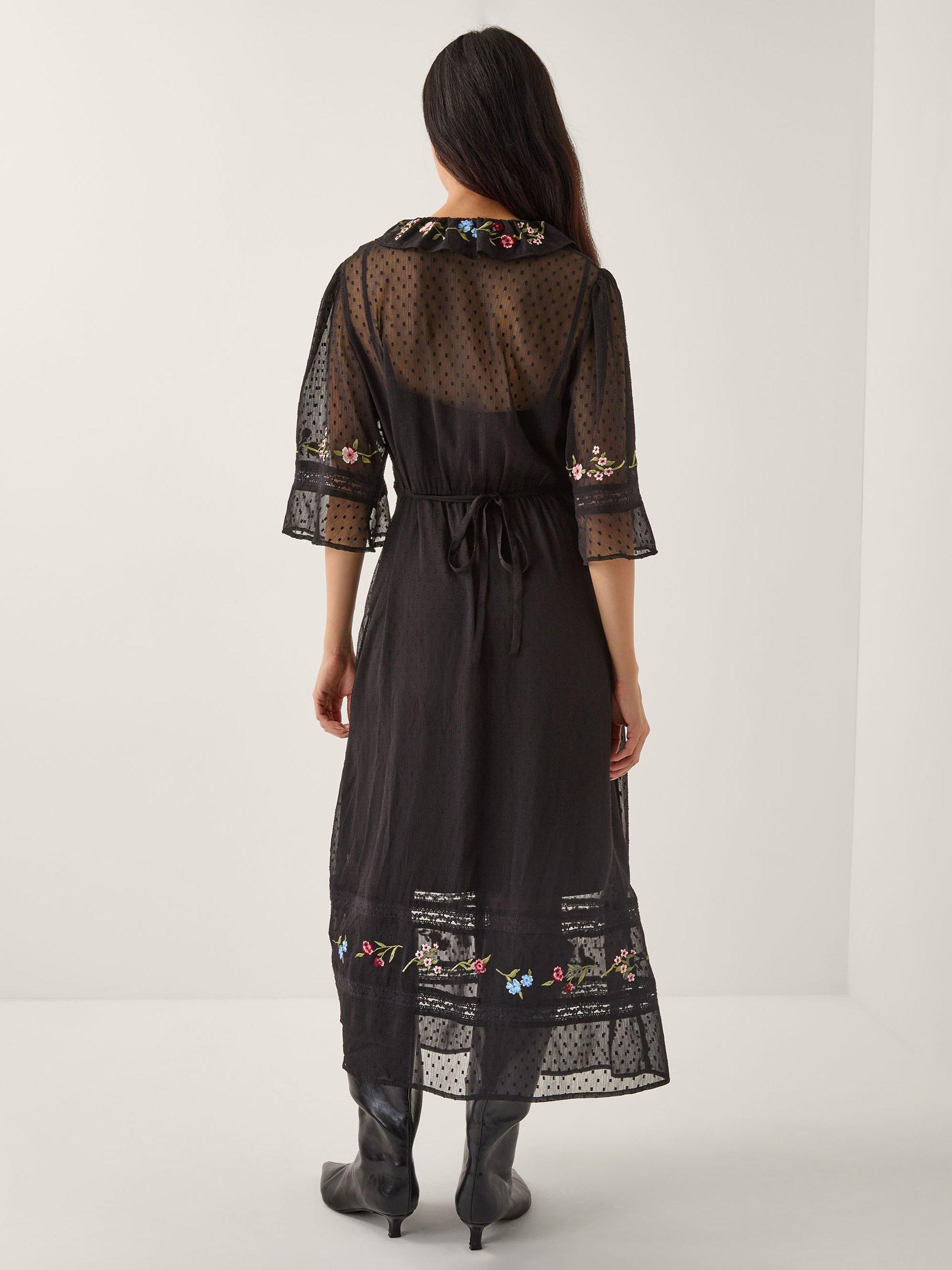 Product image 2 of 5, which shows Monsoon Alyssa Floral Print Midi Dress, Black, 8