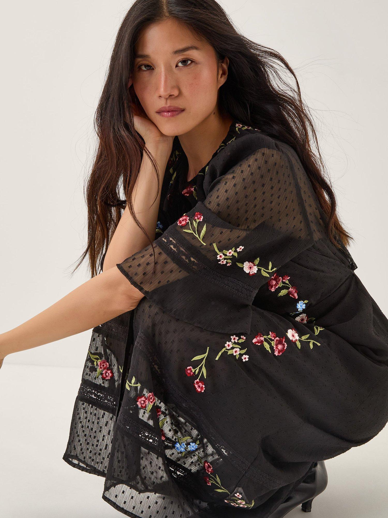 Product image 3 of 5, which shows Monsoon Alyssa Floral Print Midi Dress, Black, 8