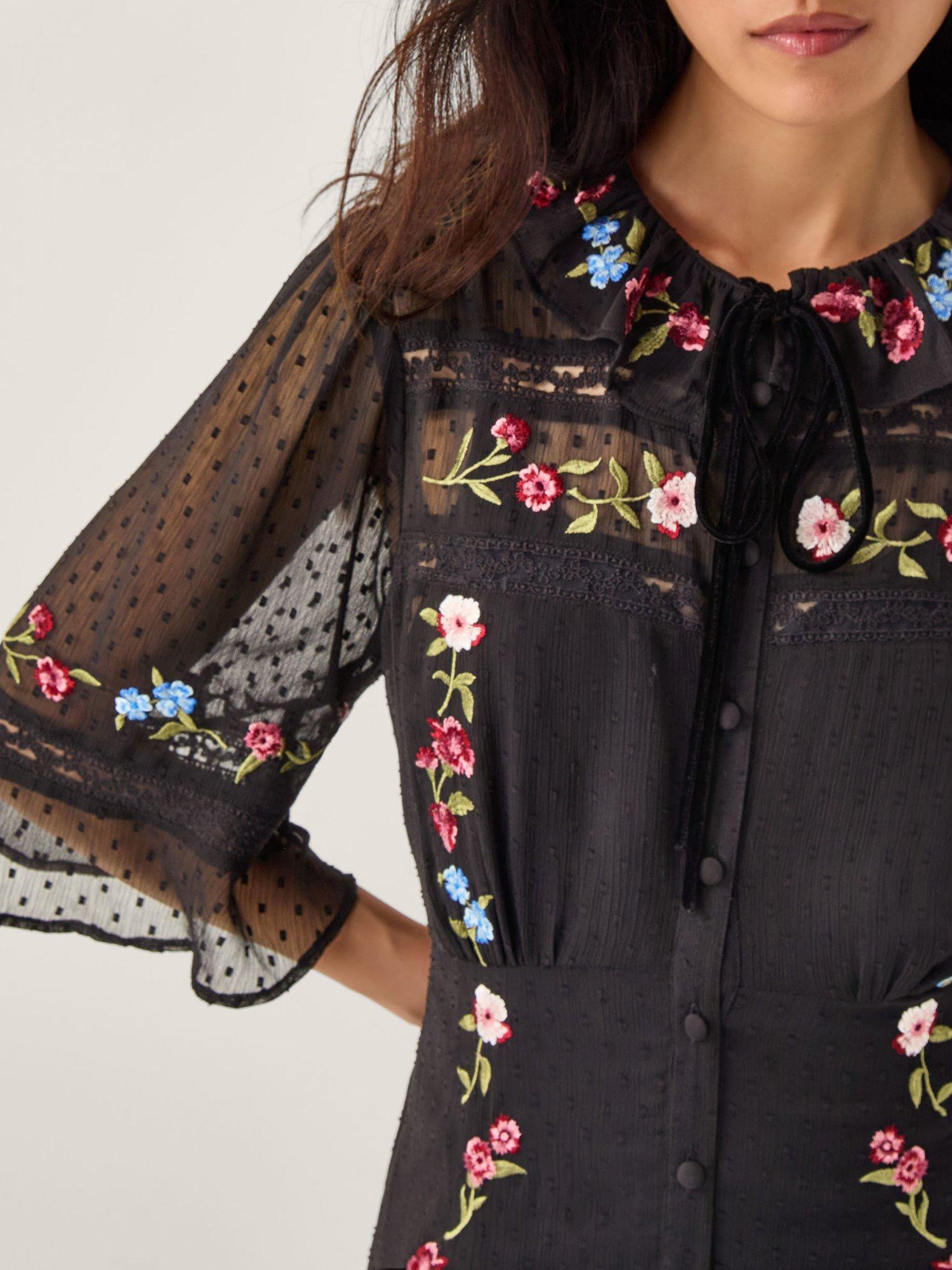 Product image 4 of 5, which shows Monsoon Alyssa Floral Print Midi Dress, Black, 8