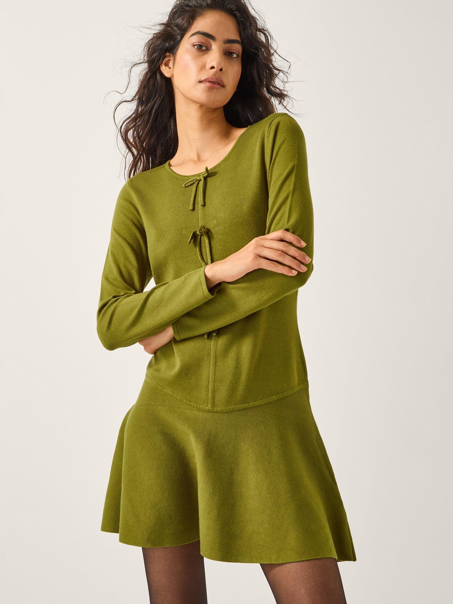 Product image 1 of 5, which shows Monsoon Bayle Bow Knit Dress, Green, 8