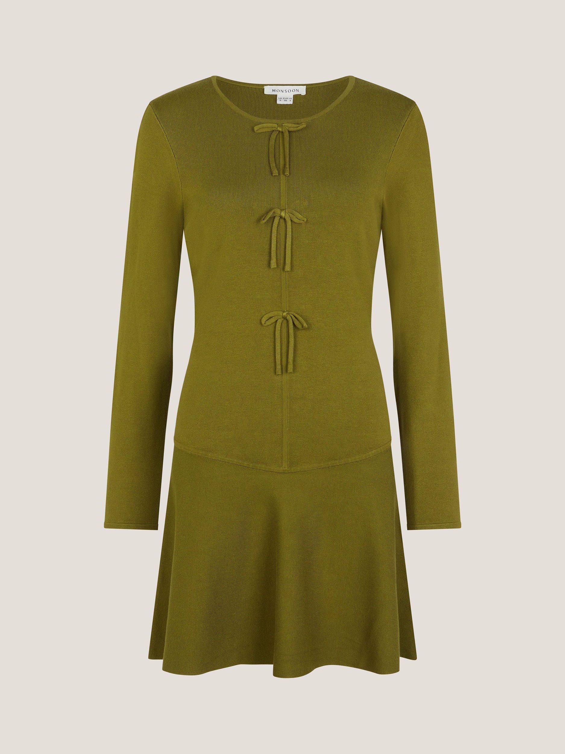 Product image 5 of 5, which shows Monsoon Bayle Bow Knit Dress, Green, 8