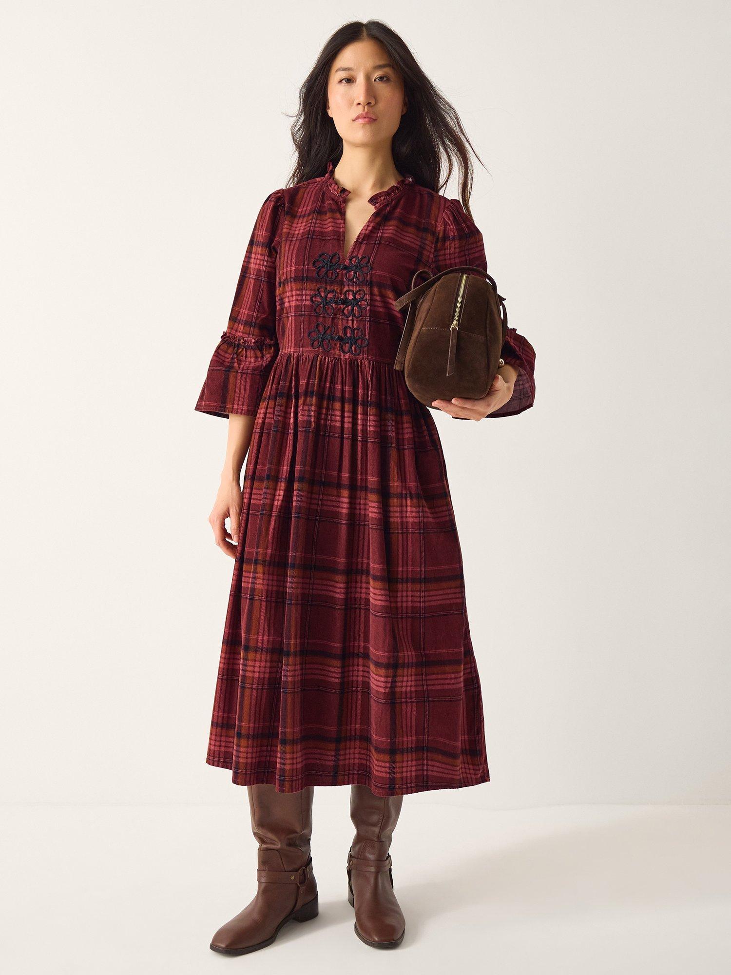 Product image 1 of 5, which shows Monsoon Charly Check Midi Dress, Burgundy, 8