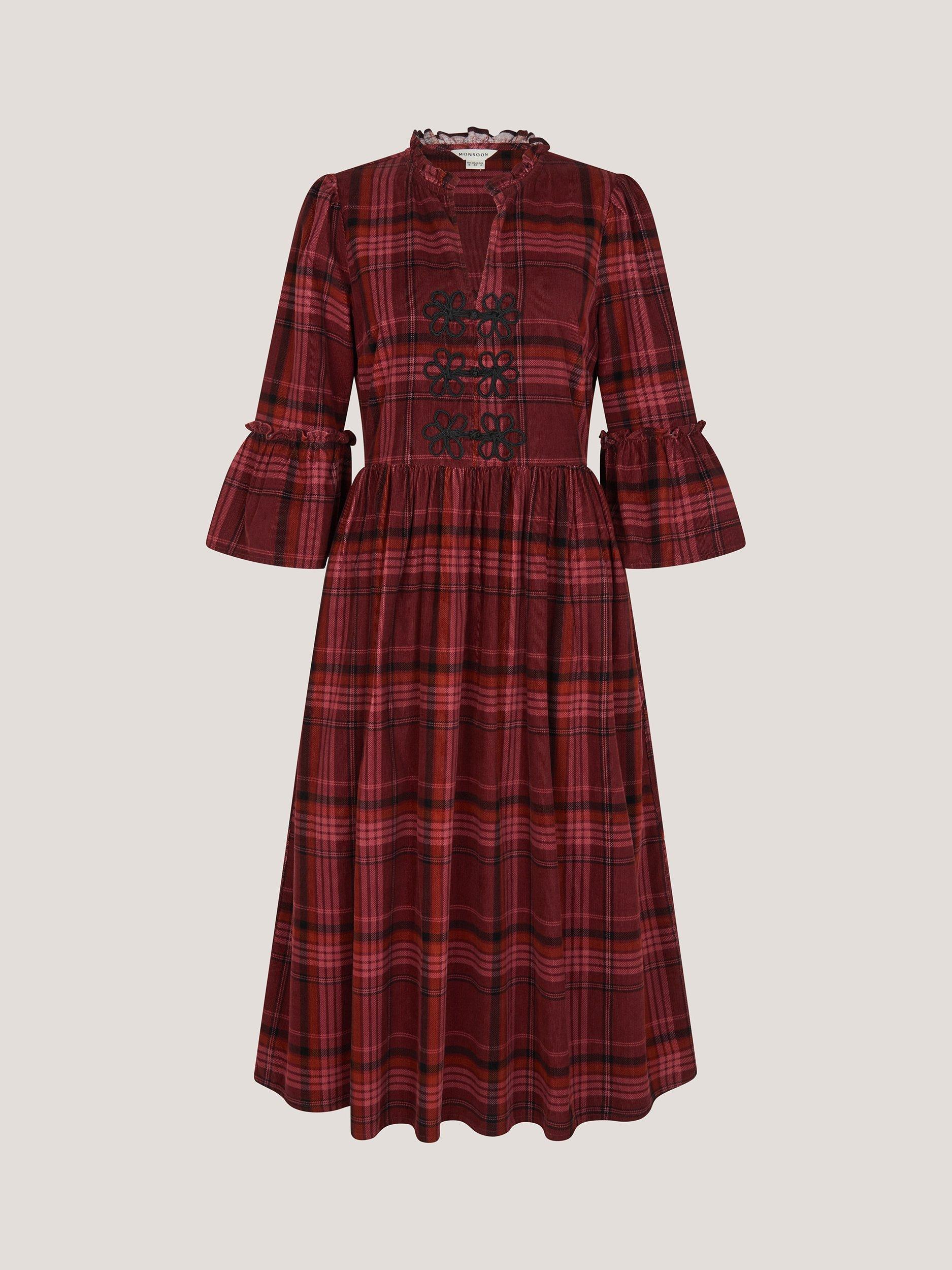 Product image 5 of 5, which shows Monsoon Charly Check Midi Dress, Burgundy, 8