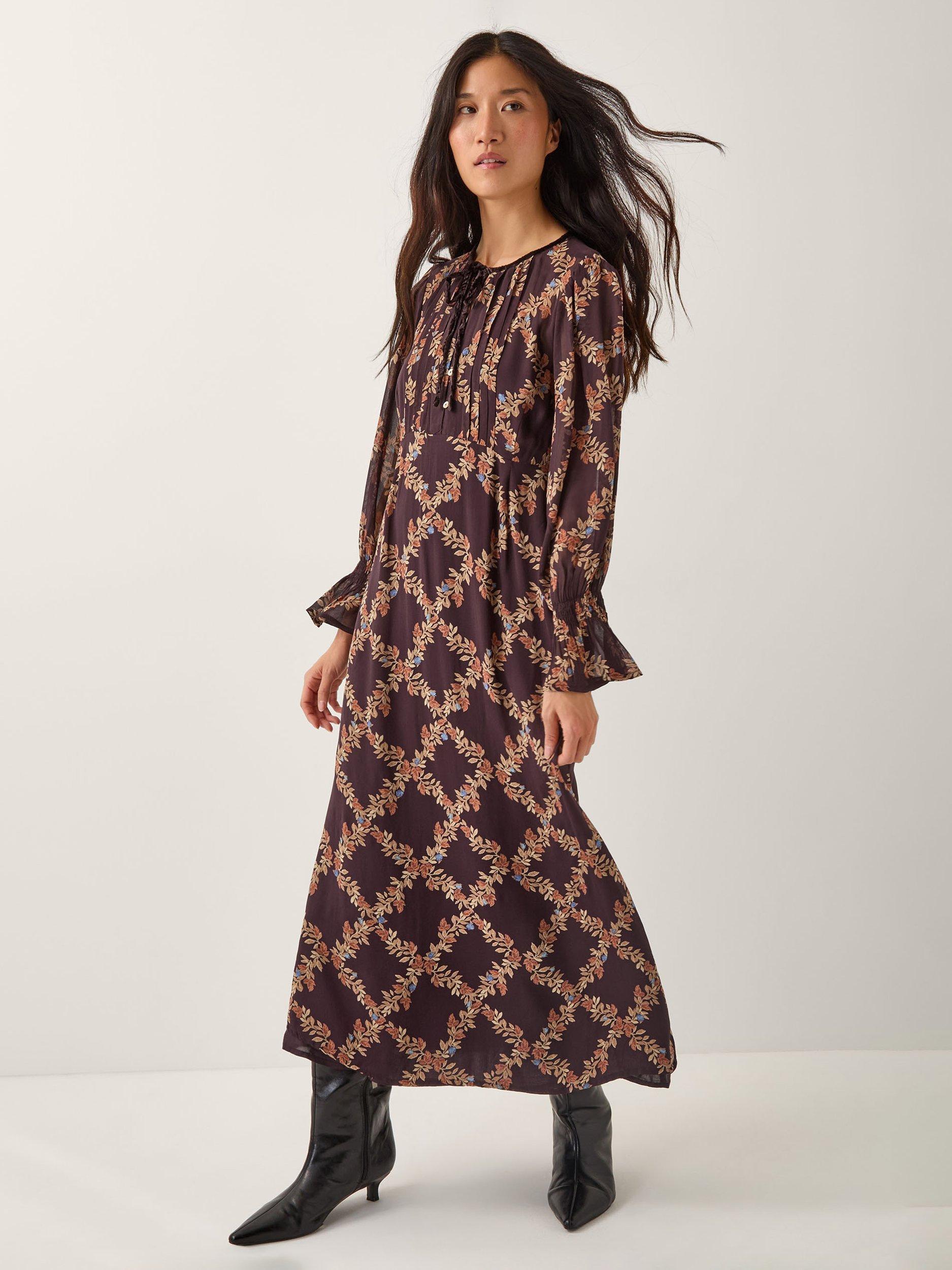 Product image 1 of 5, which shows Monsoon Cheryl Floral Print Midi Dress, Chocolate, XXL