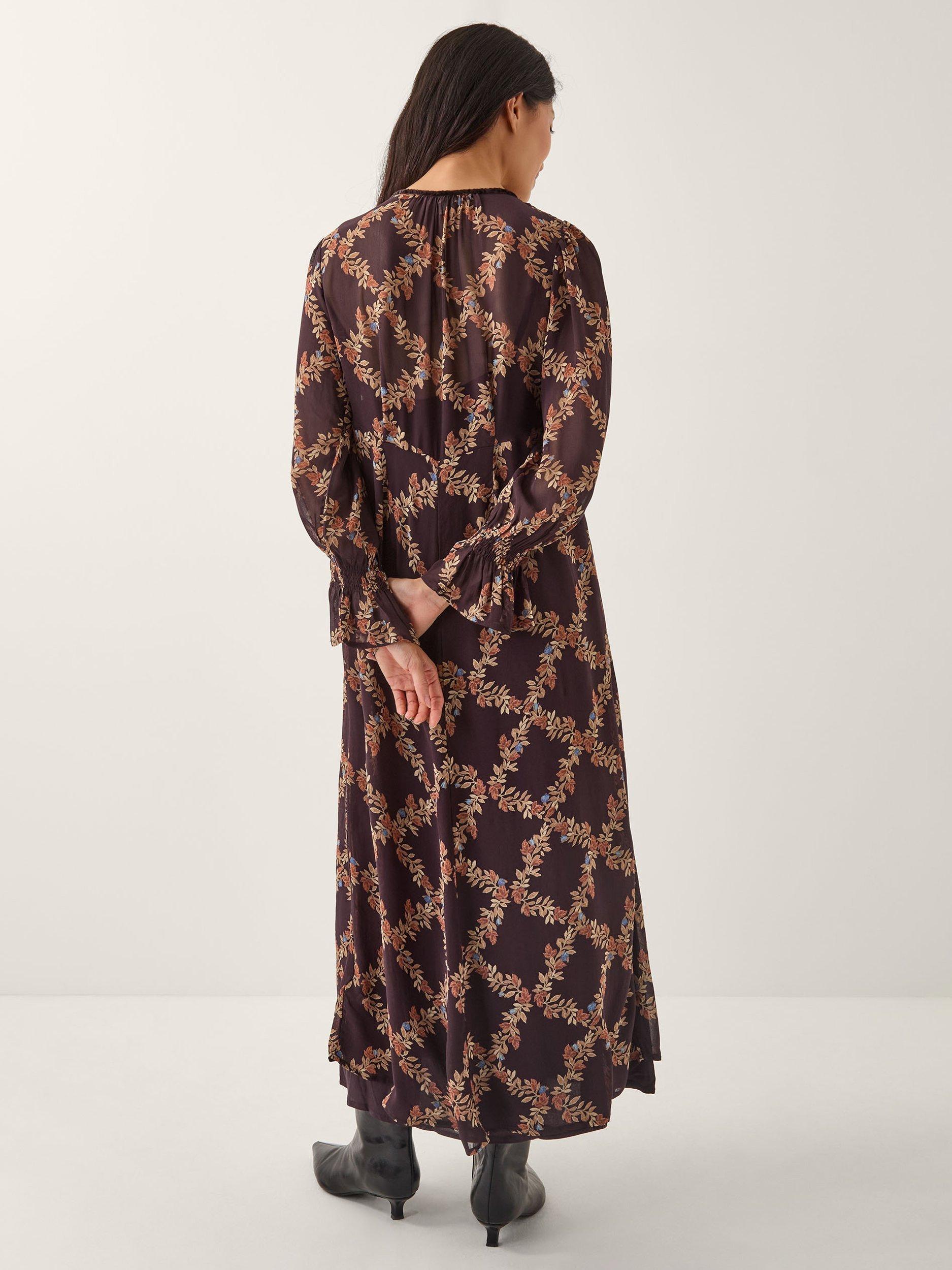Product image 2 of 5, which shows Monsoon Cheryl Floral Print Midi Dress, Chocolate, XXL