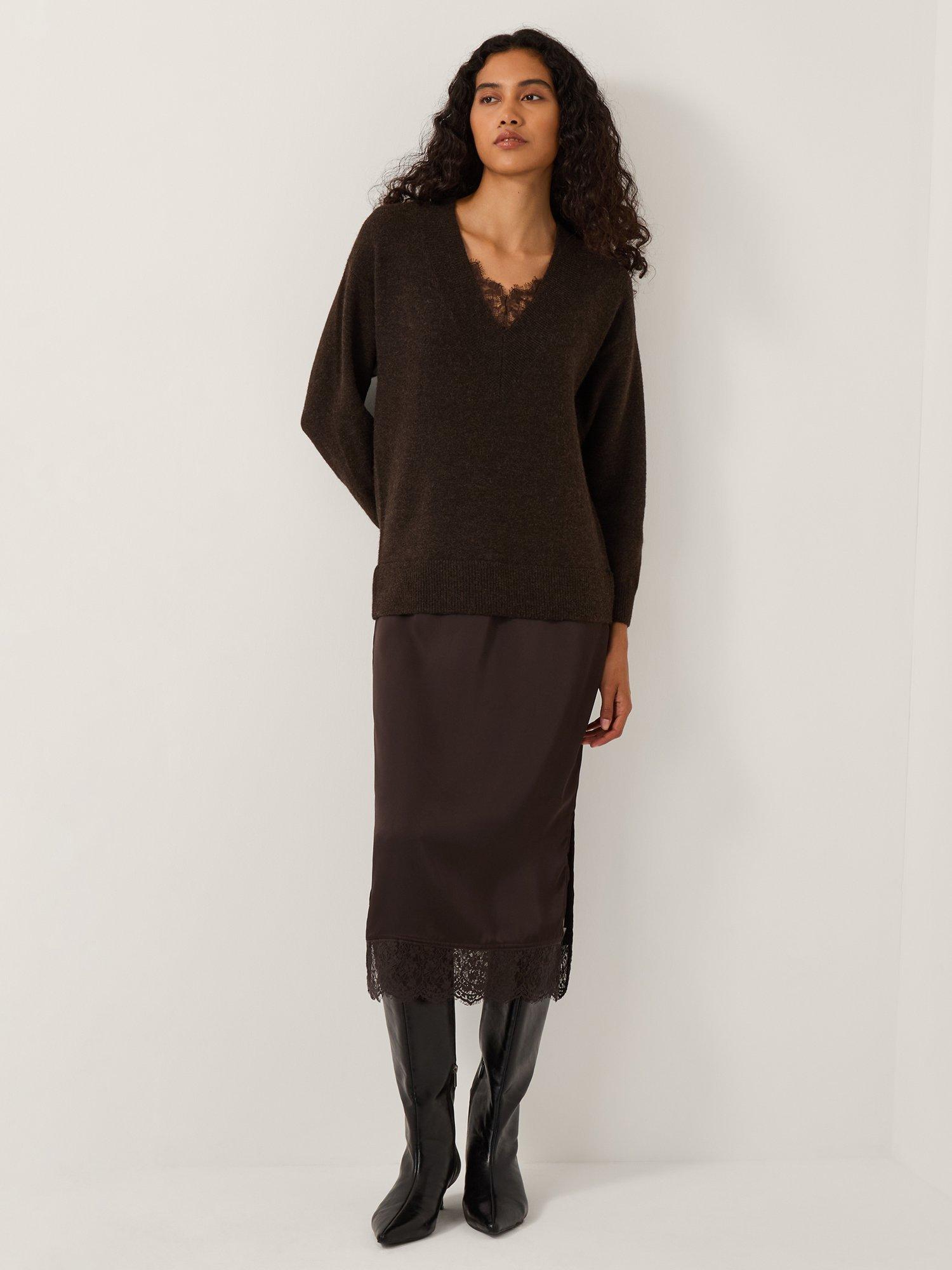 Product image 1 of 5, which shows Monsoon Fay Midi Jumper Dress, Chocolate, 12