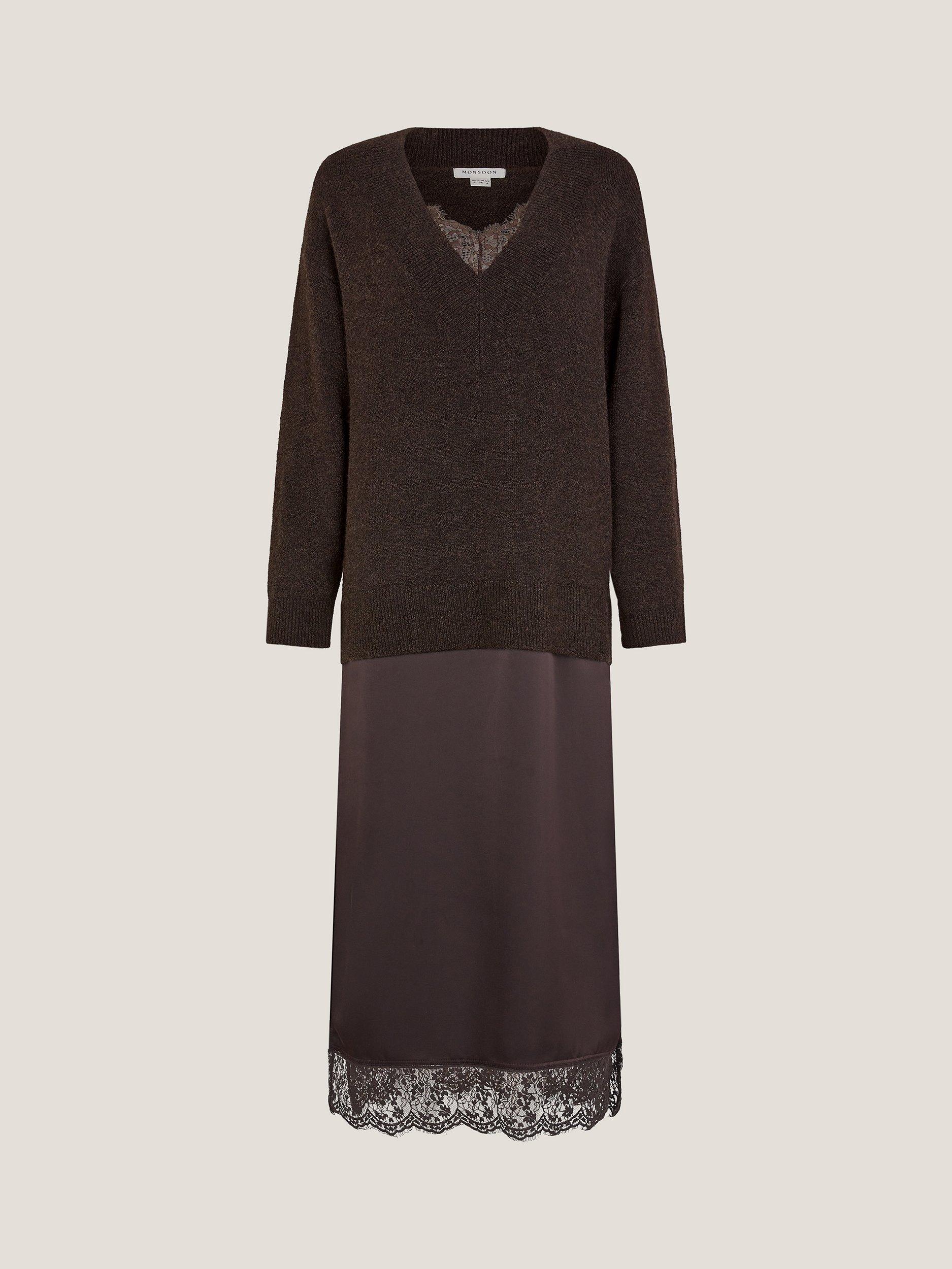 Product image 5 of 5, which shows Monsoon Fay Midi Jumper Dress, Chocolate, 12