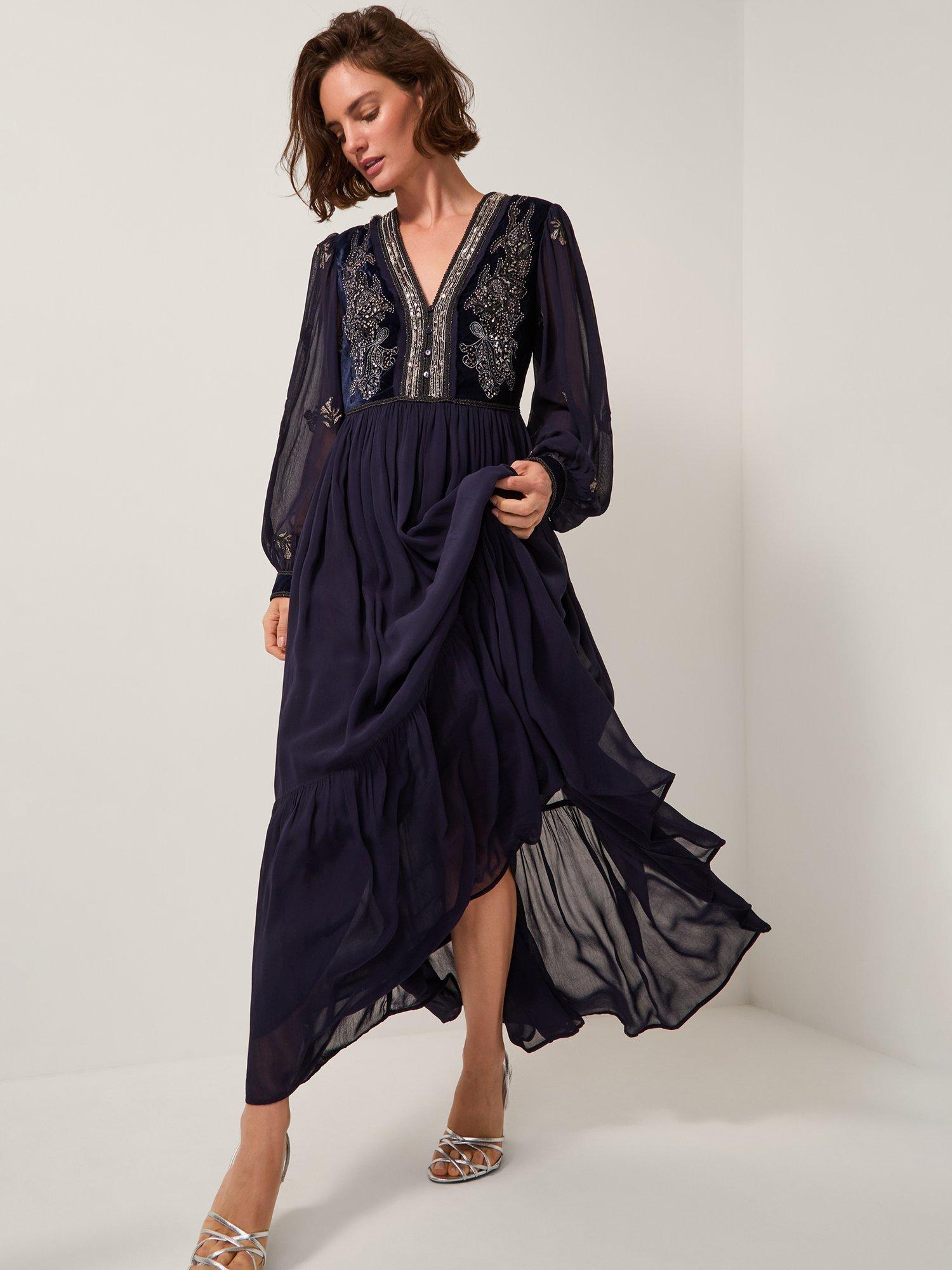 Product image 1 of 4, which shows Monsoon Joanna Embellished Maxi Dress, Navy, S