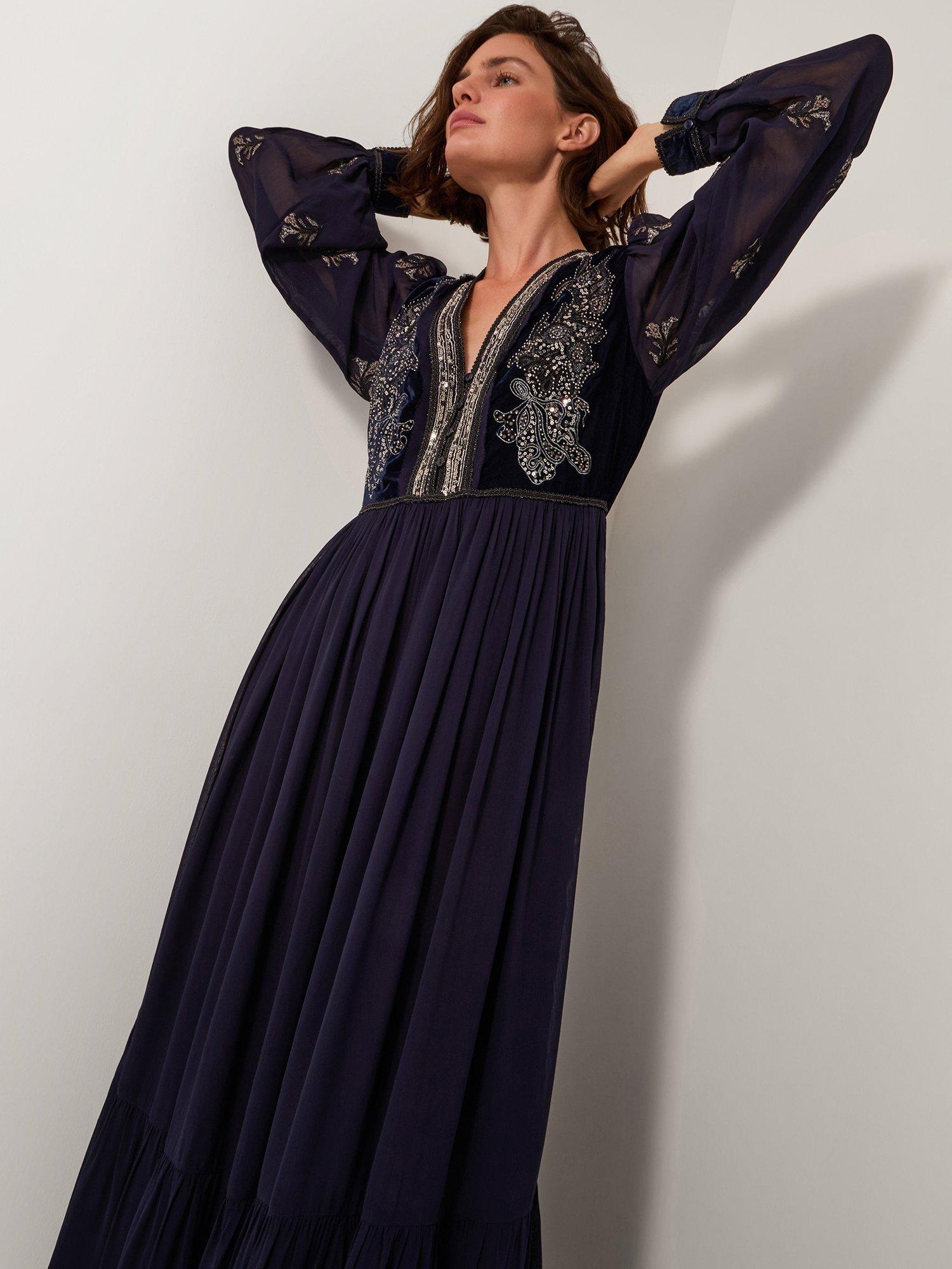 Product image 3 of 4, which shows Monsoon Joanna Embellished Maxi Dress, Navy, S