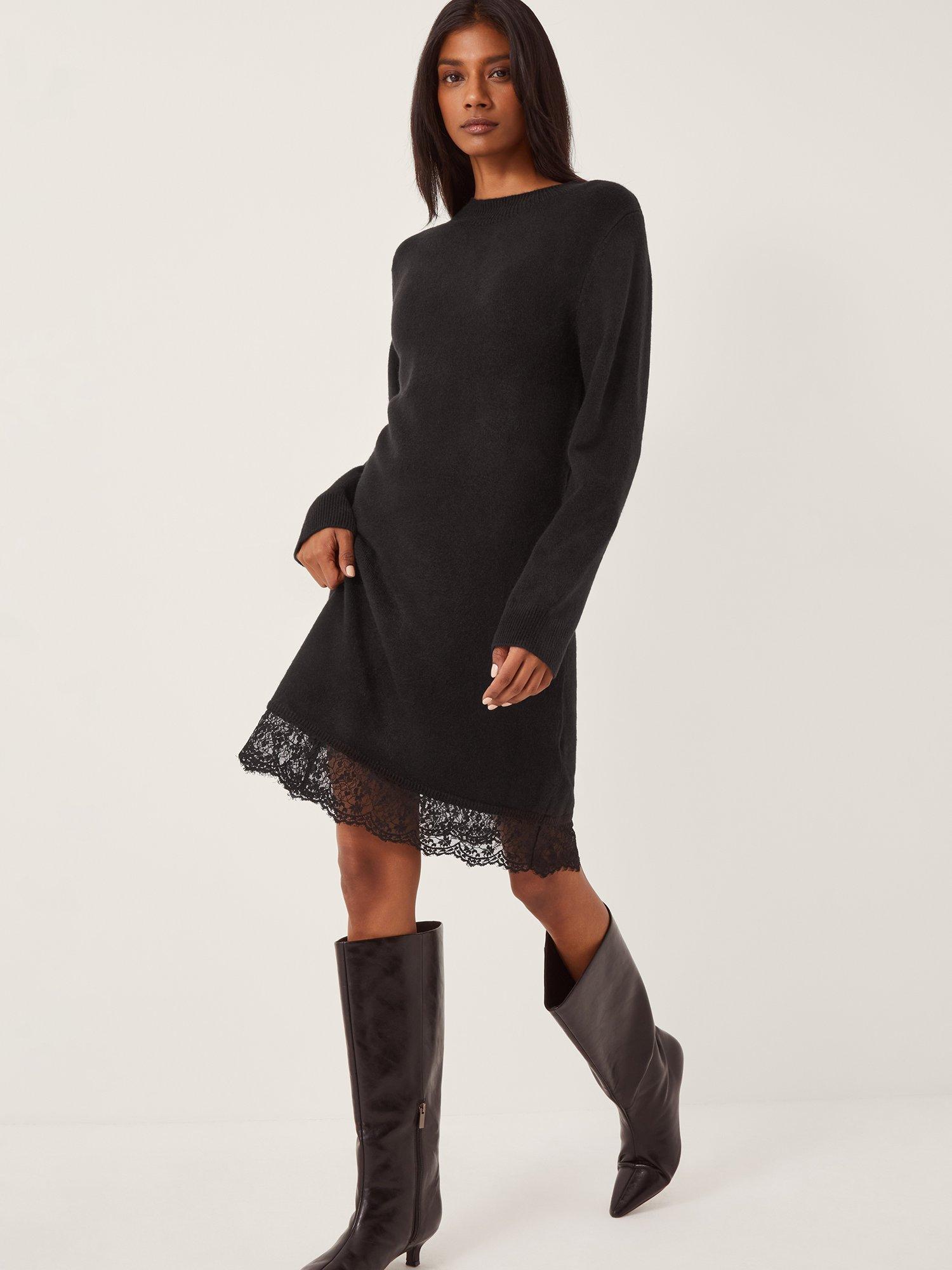 Product image 1 of 4, which shows Monsoon Lou Lace Knit Dress , Black, 14